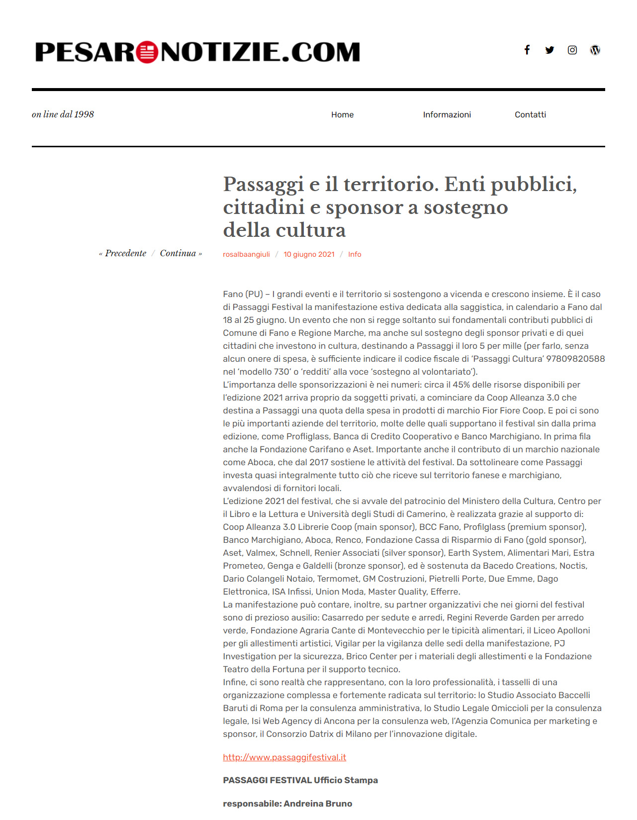 Pesaro Notizie – Passaggi e il territorio. Enti pubblici, cittadini e sponsor a sostegno della cultura