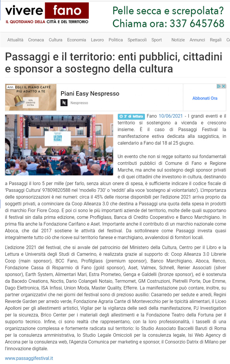 Vivere Fano – Passaggi e il territorio: enti pubblici, cittadini e sponsor a sostegno della cultura