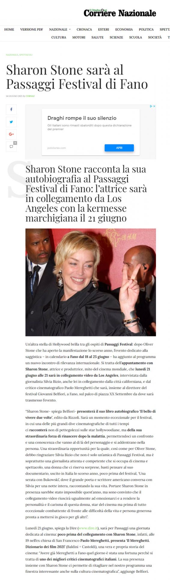 Corriere Nazionale – Sharon Stone sarà al Passaggi Festival di Fano