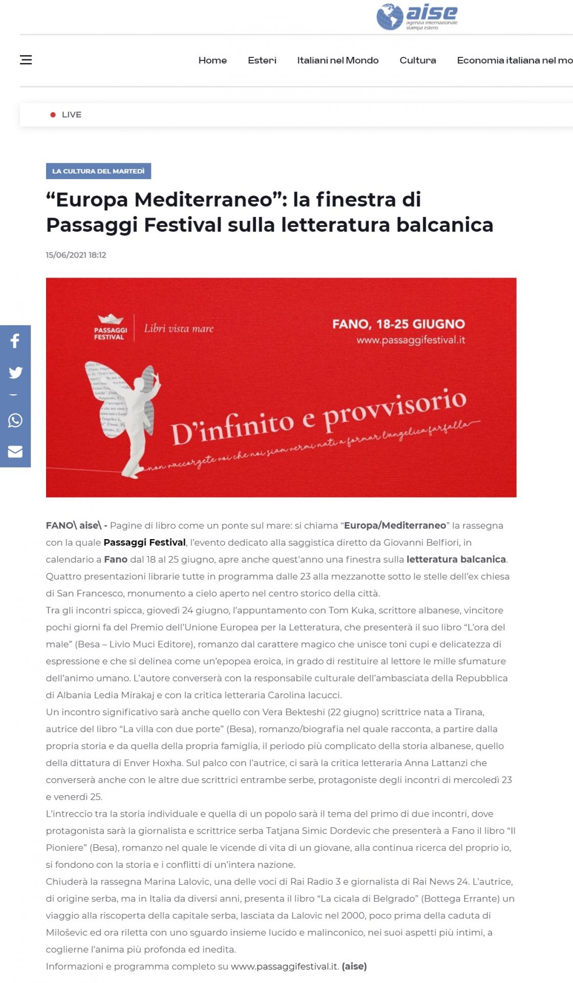 AISE – “Europa Mediterraneo”: la finestra di Passaggi Festival sulla letteratura balcanica