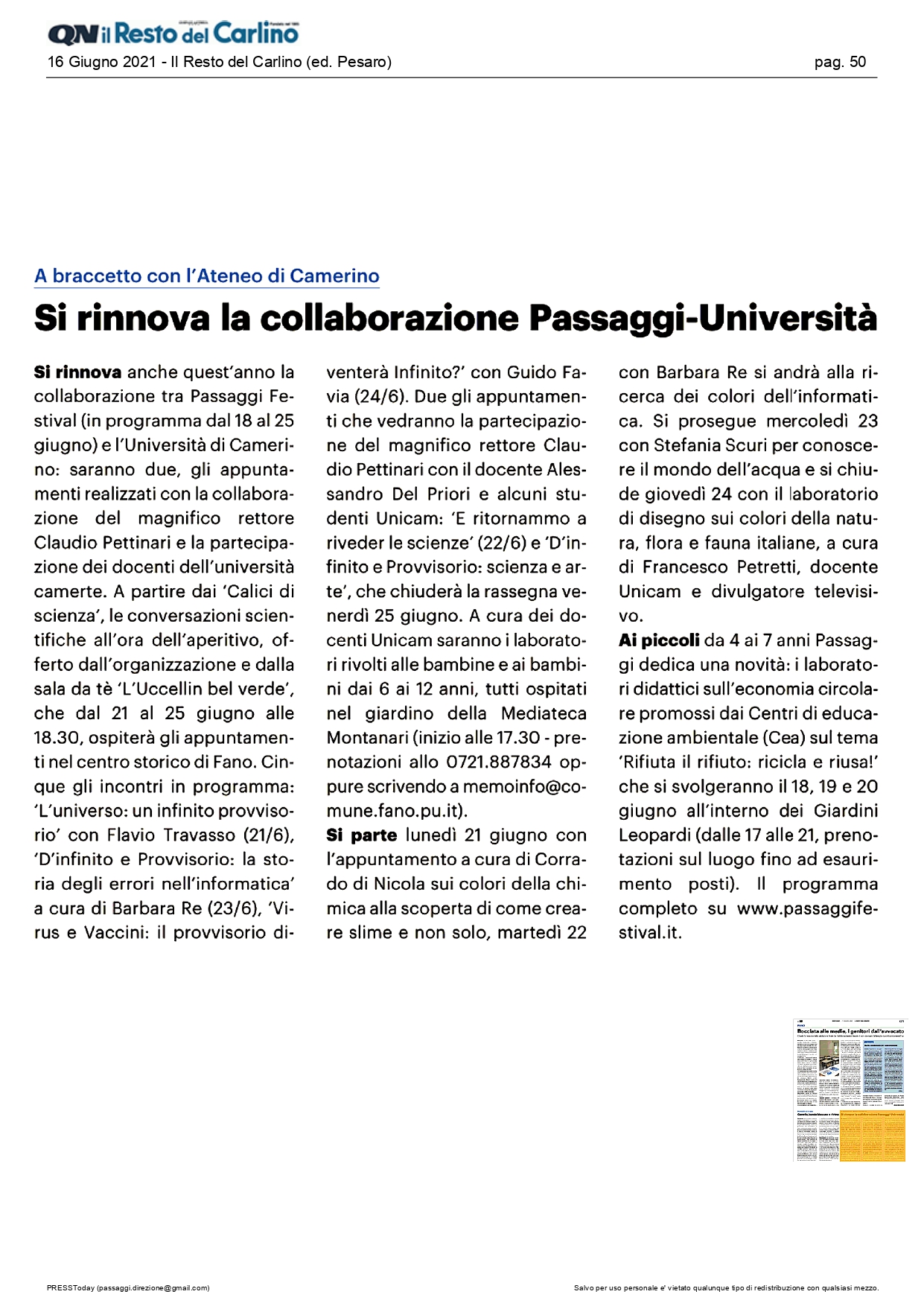 Il Resto del Carlino – Si rinnova la collaborazione Passaggi-Università