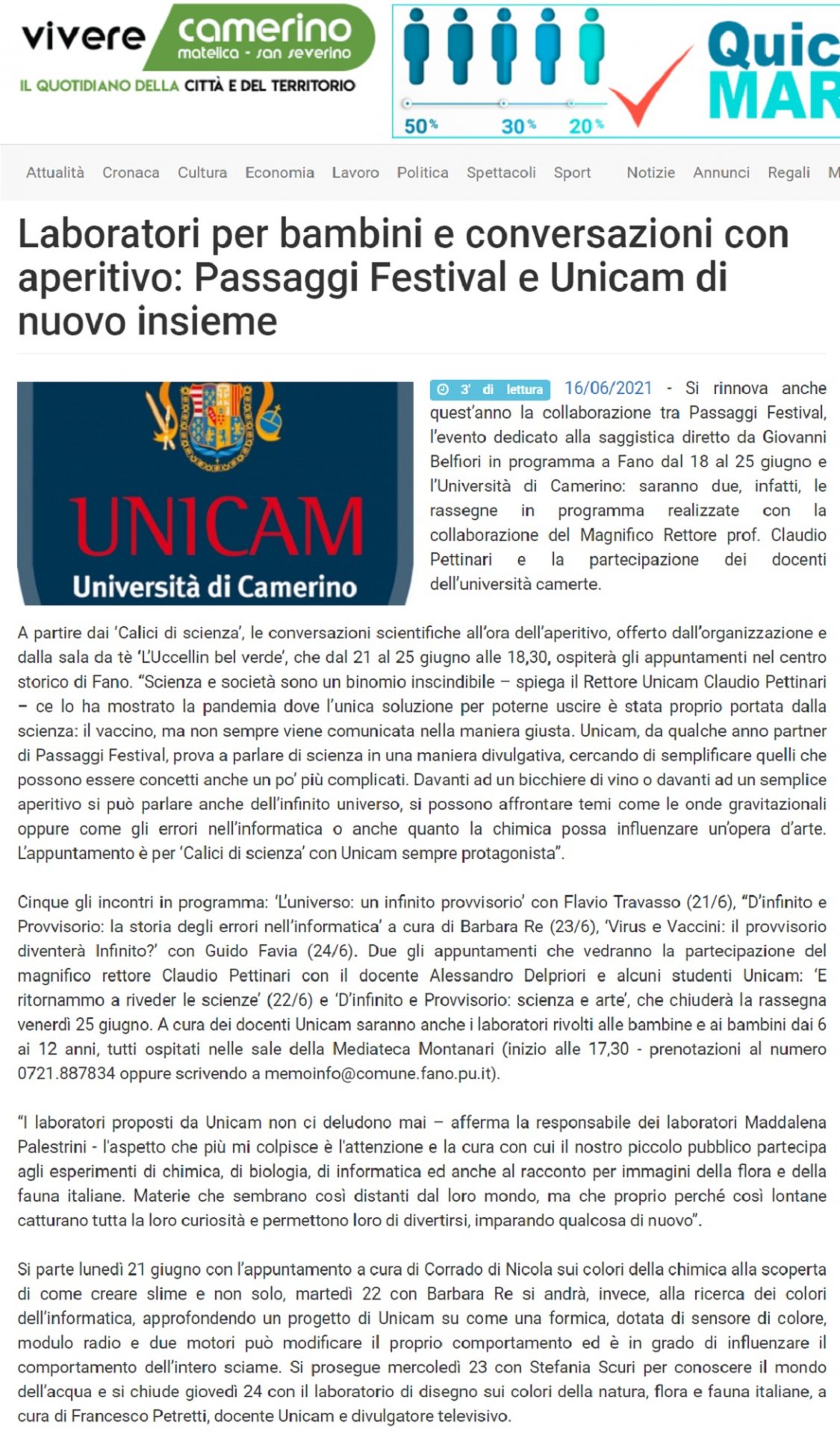 Vivere Camerino – Laboratori per bambini e conversazioni con aperitivo: Passaggi Festival e Unicam di nuovo insieme