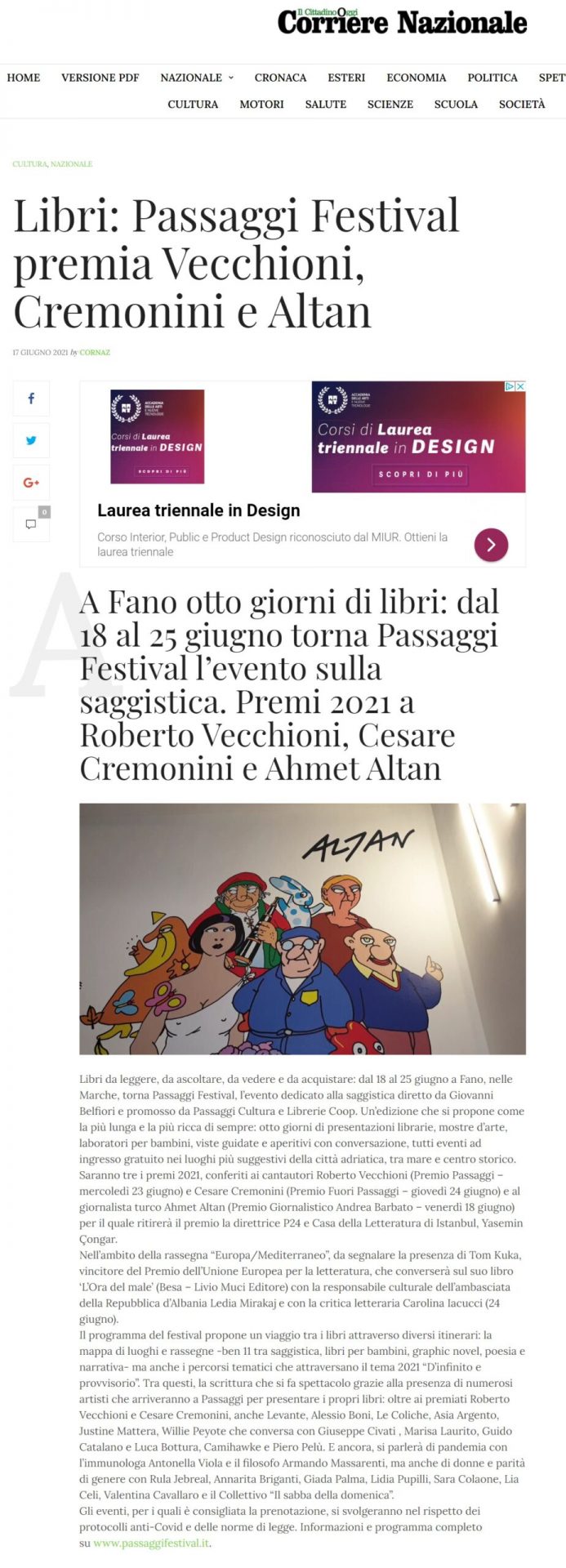 Corriere Nazionale – Libri: Passaggi Festival premia Vecchioni, Cremonini, Altan