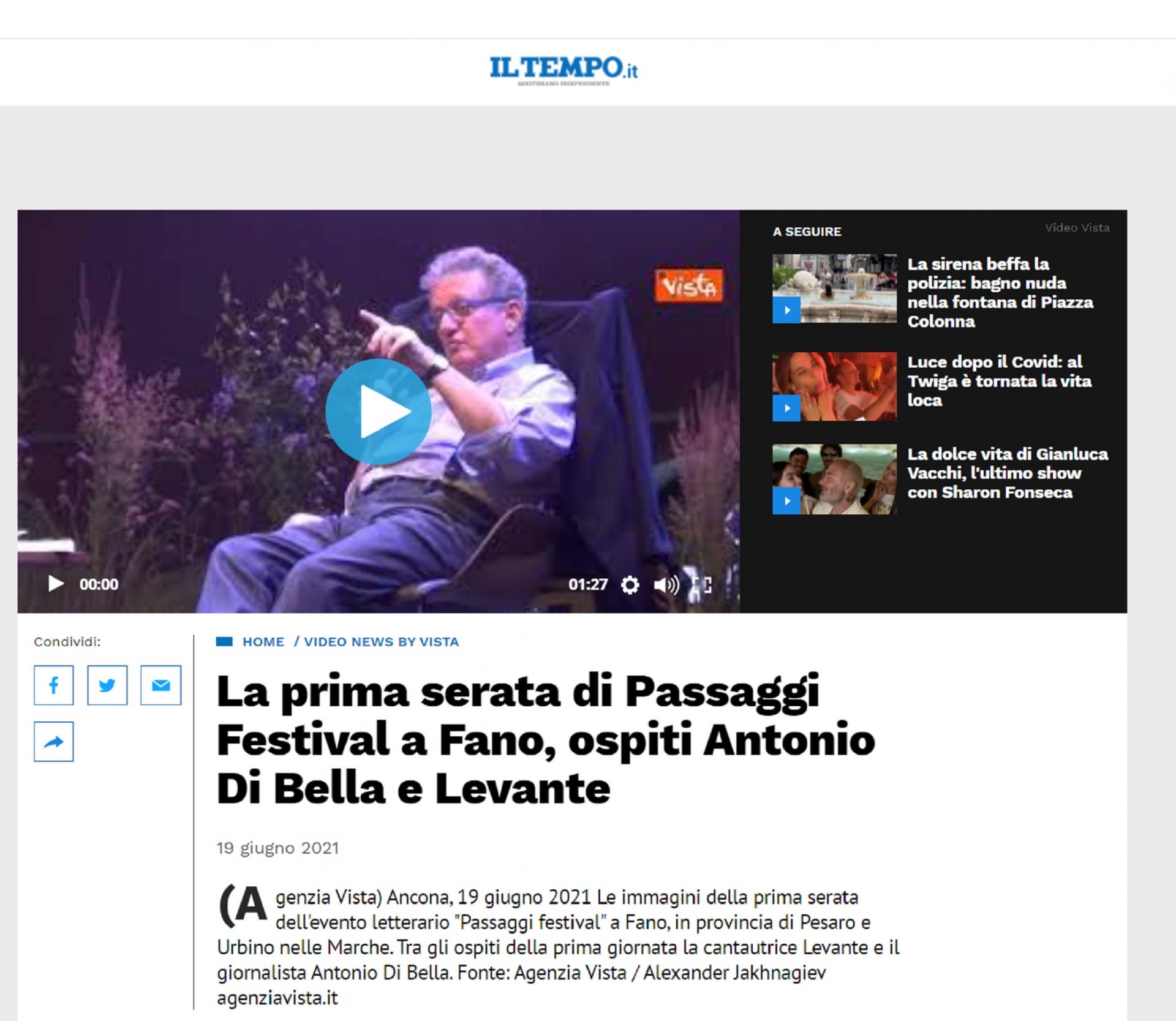 Il Tempo.it – La prima serata di Passaggi Festival a Fano, ospiti Antonio Di Bella e Levante