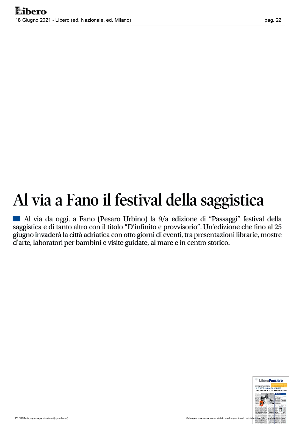 Libero – Al via a Fano il festival della saggistica