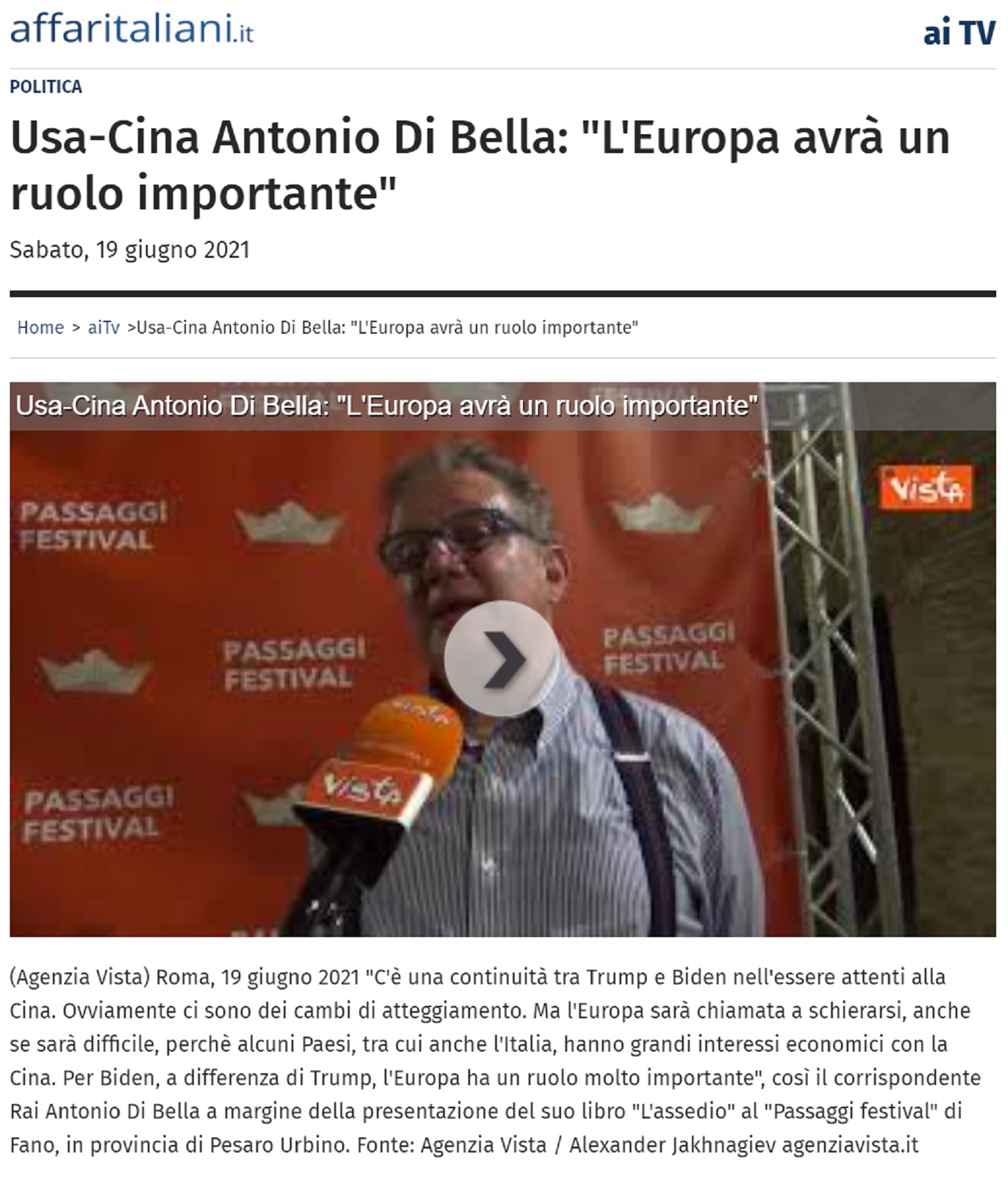 Affari Italiani.it – Usa-Cina Antonio Di Bella: “L’Europa avrà un ruolo importante”