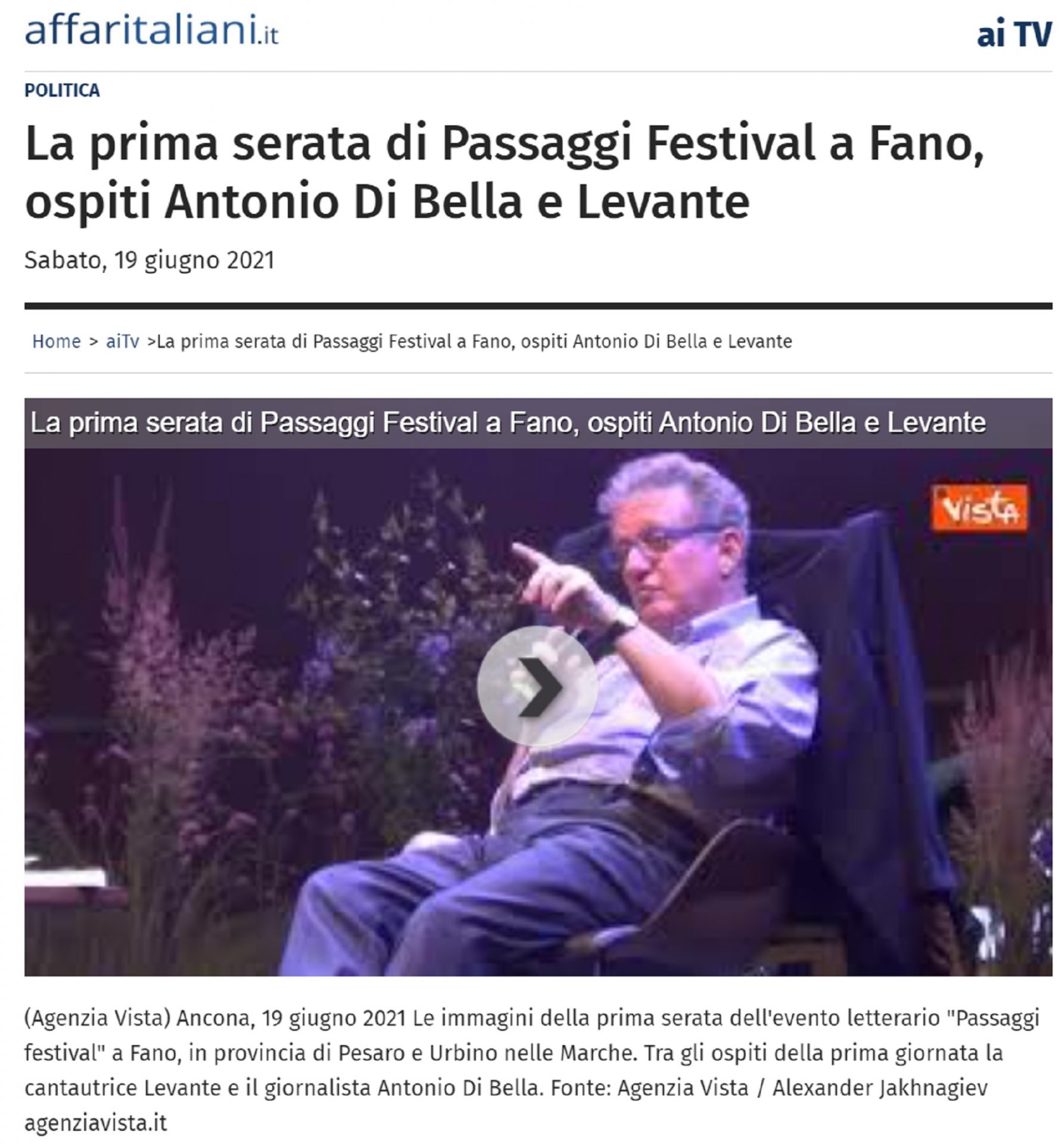 Affari Italiani.it – La prima serata di Passaggi Festival a Fano, ospiti Antonio Di Bella e Levante