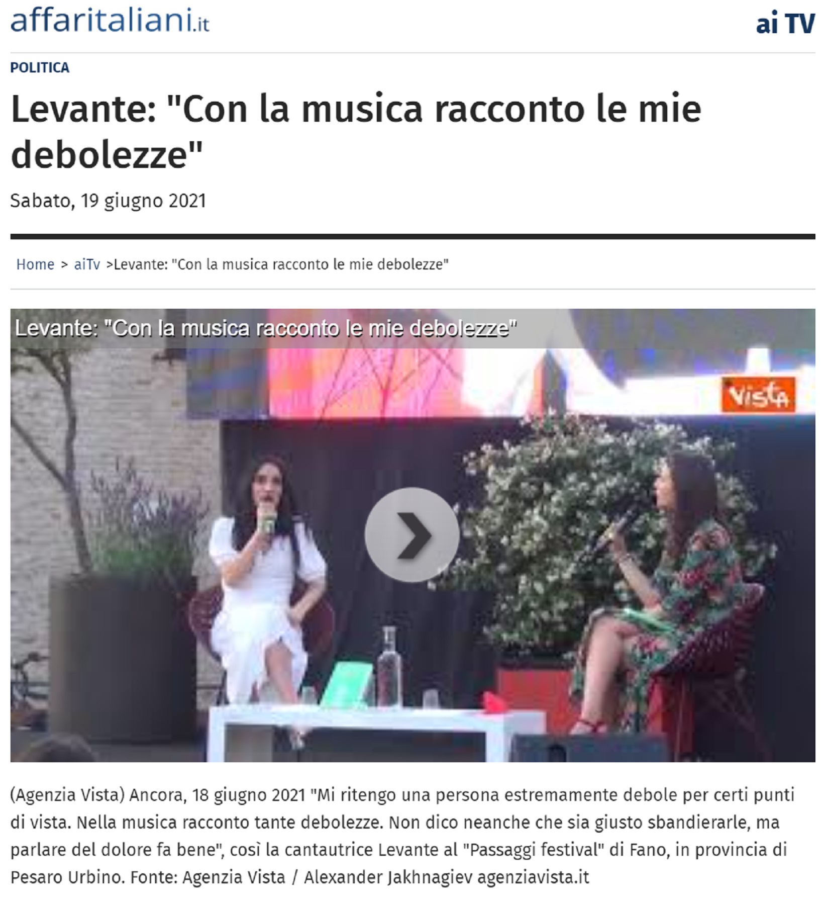 Affari Italiani.it – Levante: “Con la musica racconto le mie debolezze”