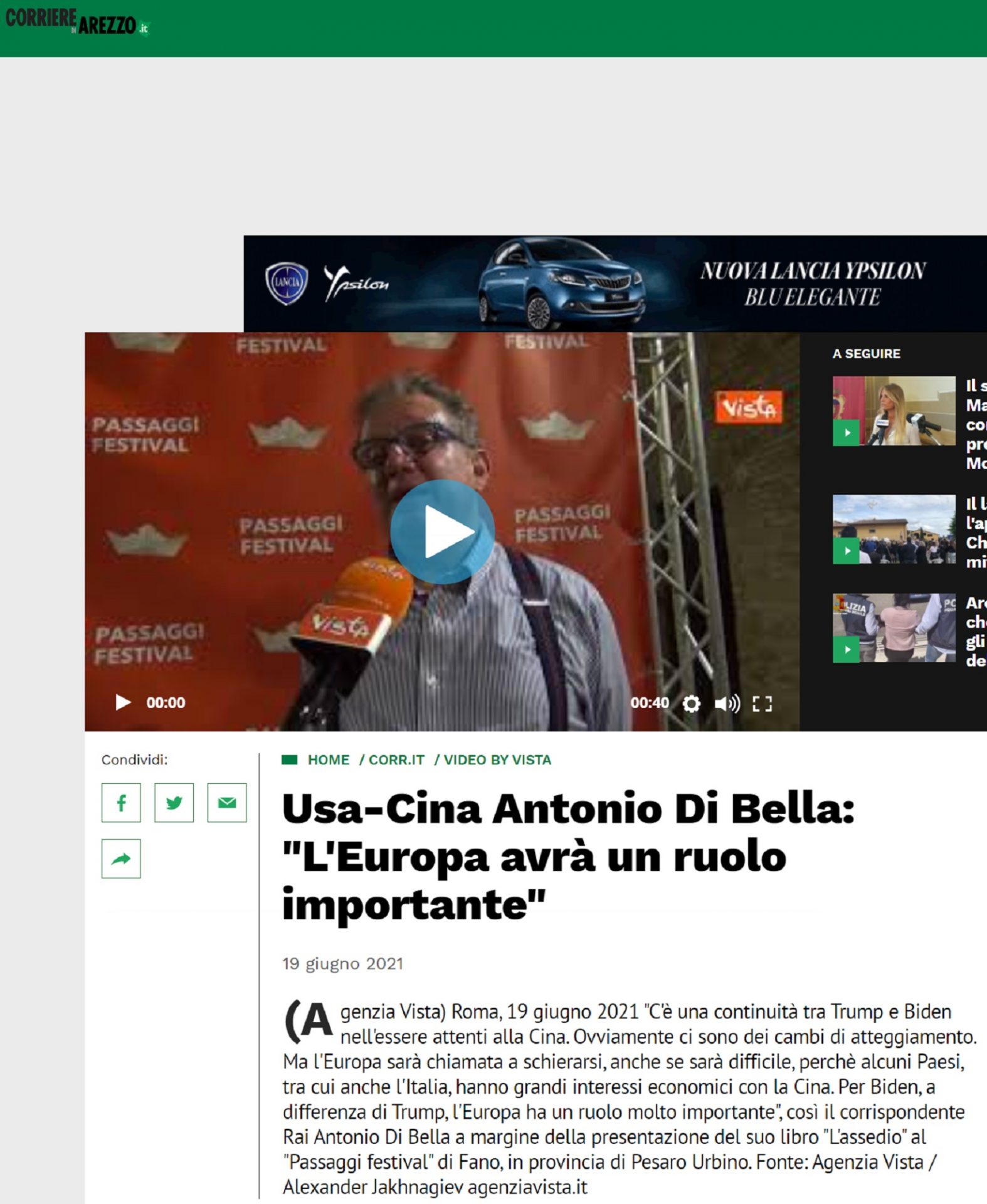 Corriere di Arezzo – Usa-Cina Antonio Di Bella: “L’Europa avrà un ruolo importante”