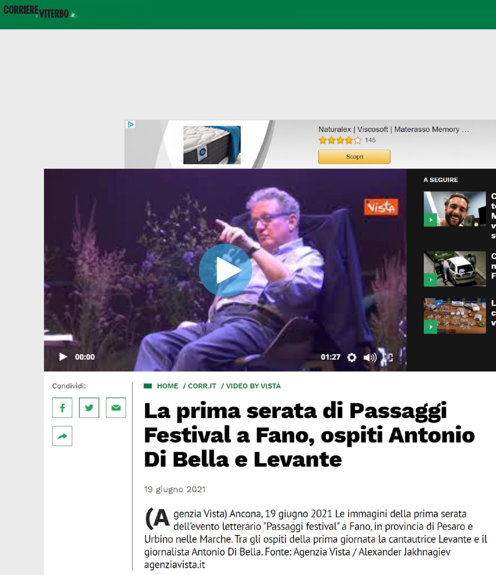 Corriere di Arezzo – La prima serata di Passaggi Festival a Fano, ospiti Antonio Di Bella e Levante