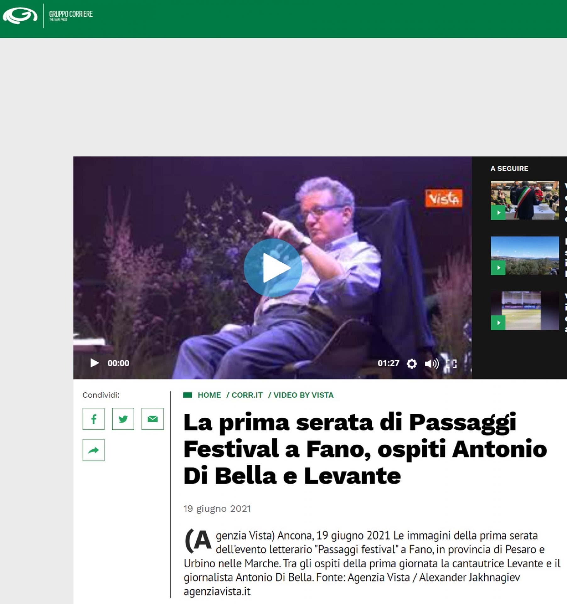 Gruppo Corriere – La prima serata di Passaggi Festival a Fano, ospiti Antonio Di Bella e Levante