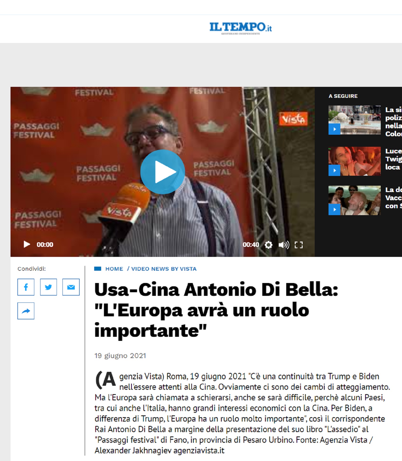 Il Tempo.it – Usa-Cina Antonio Di Bella: “L’Europa avrà un ruolo importante”