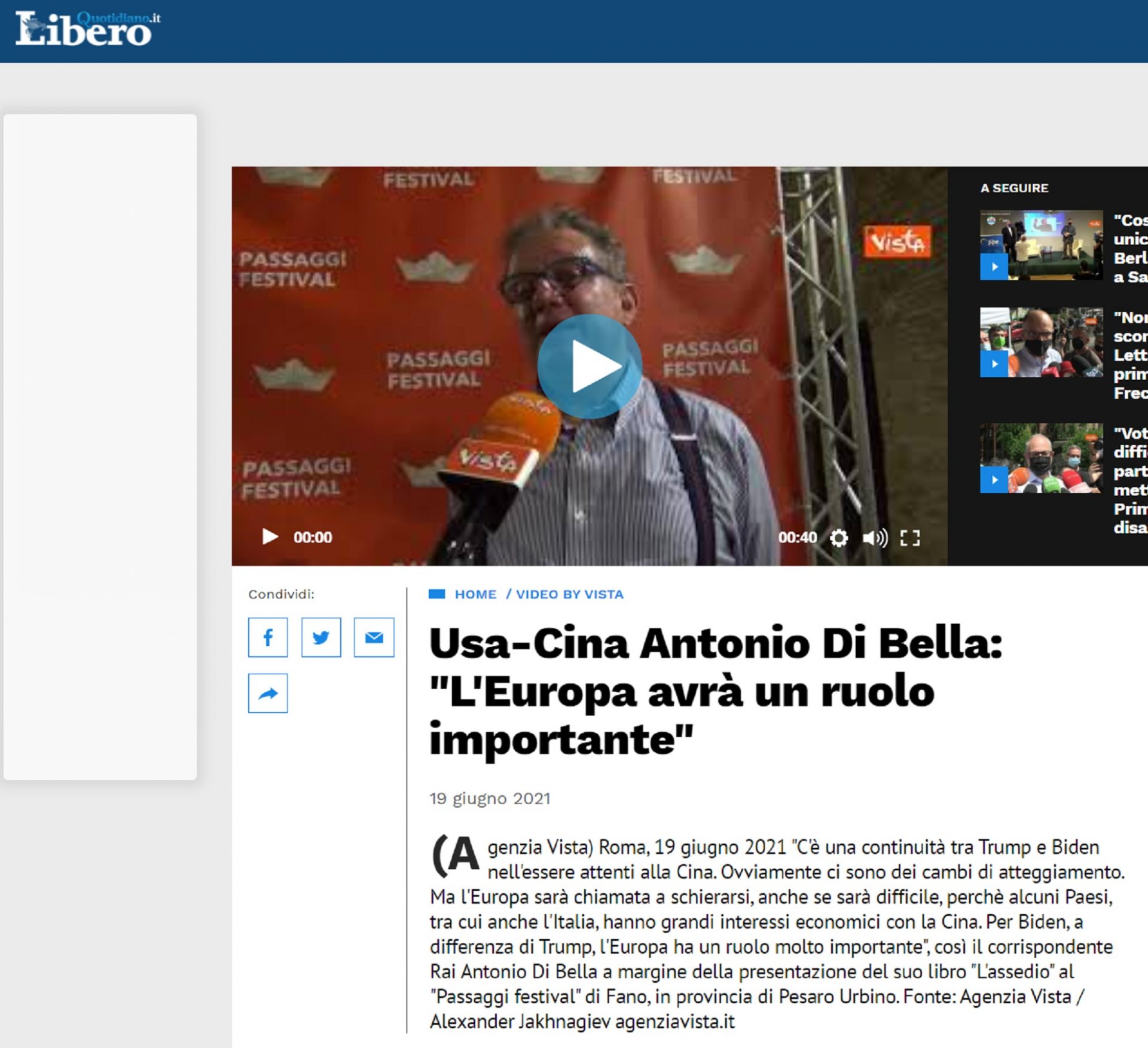 Libero Quotidiano.it – Usa-Cina Antonio Di Bella: “L’Europa avrà un ruolo importante”