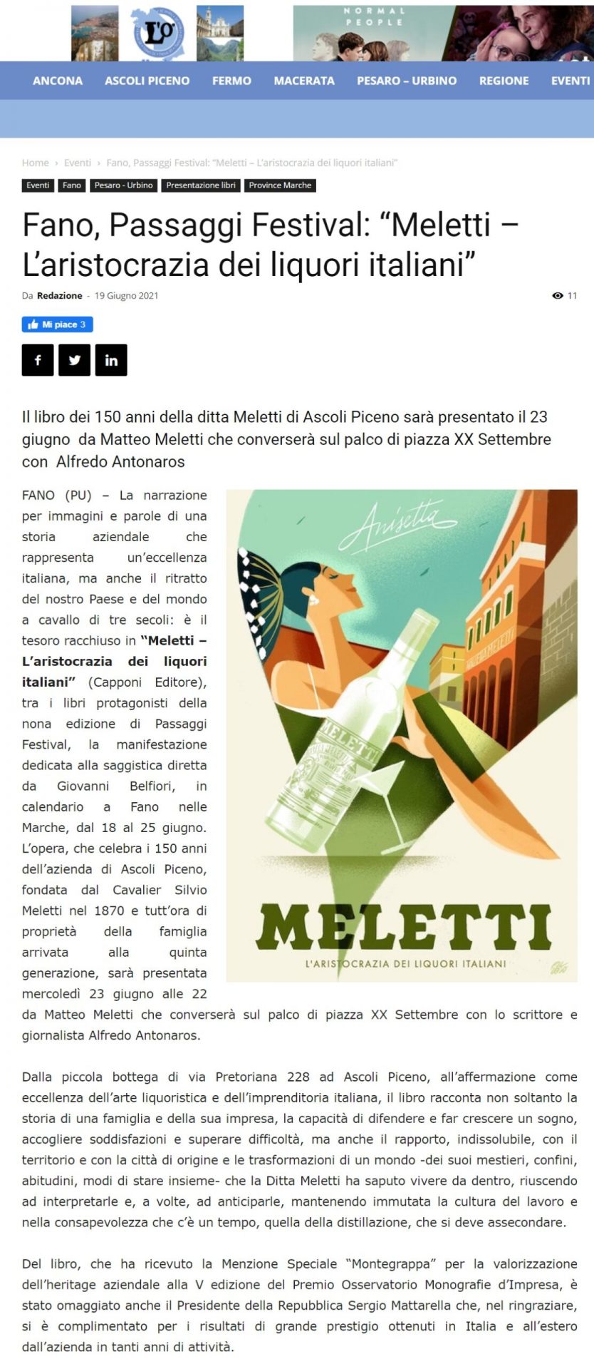 Marche News 24 – Fano, Passaggi Festival: “Meletti – L’aristocrazia dei liquori italiani”