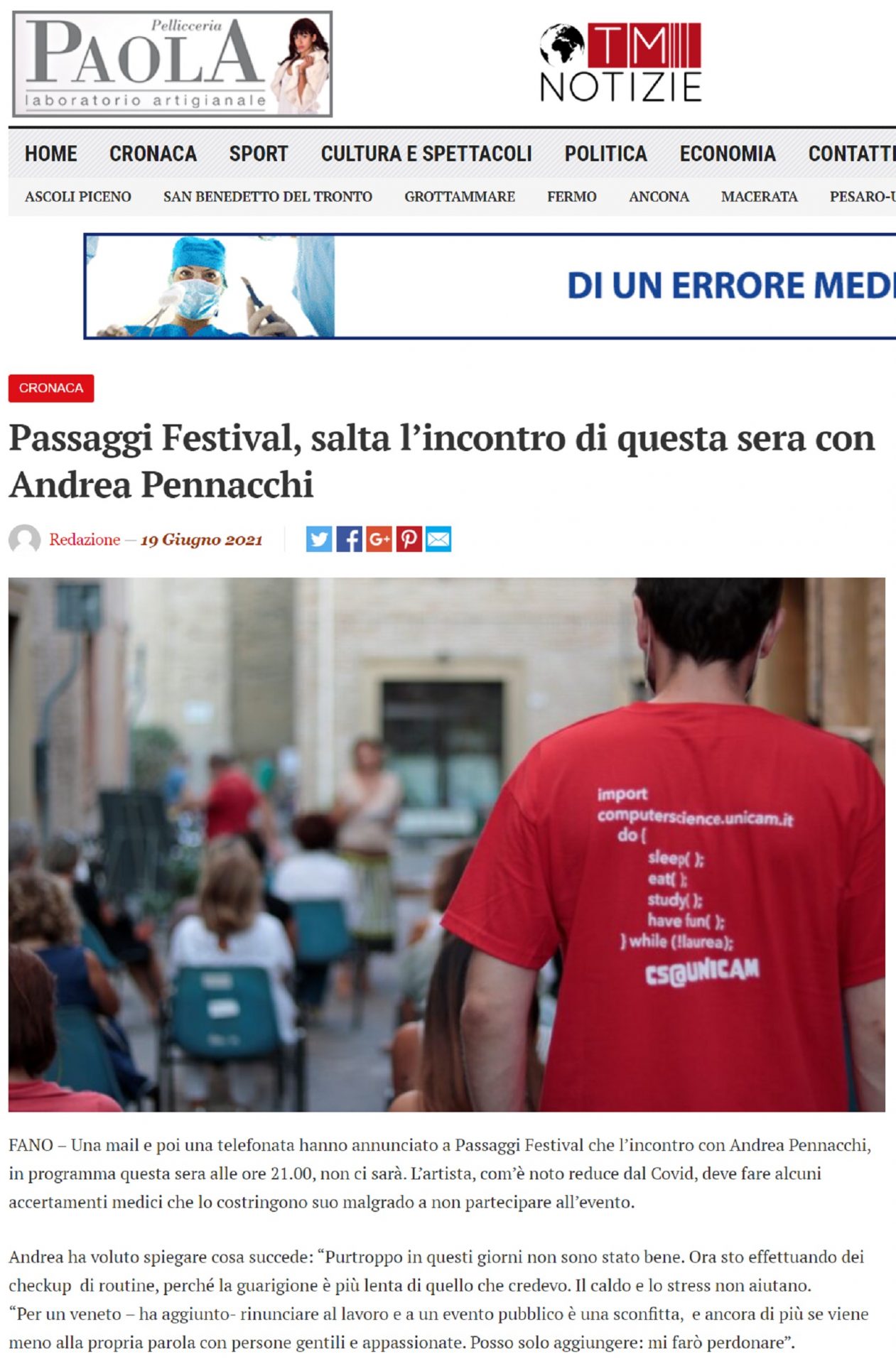 TM Notizie – Passaggi Festival, salta l’incontro di questa sera con Andrea Pennacchi