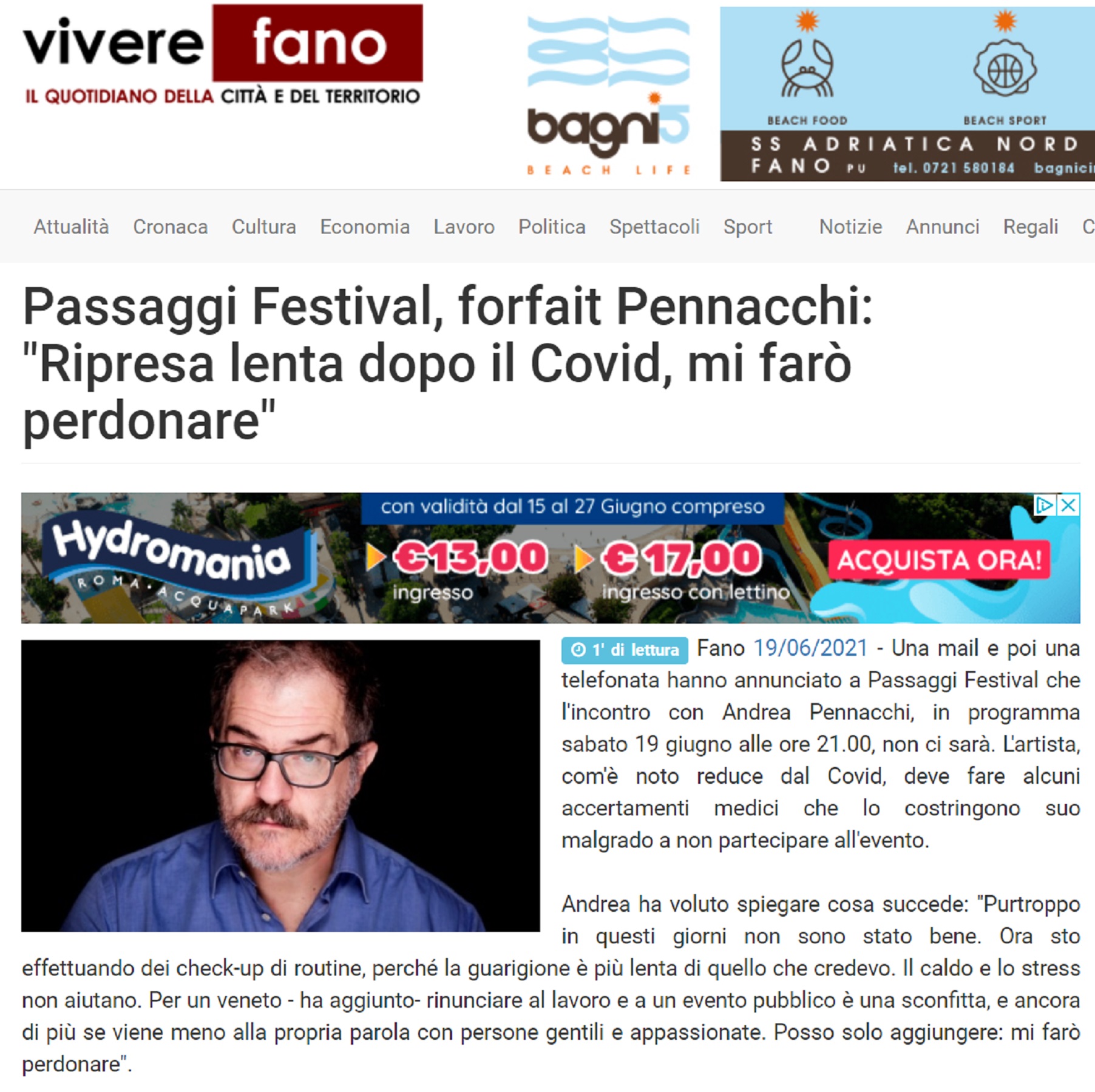 Vivere Fano – Passaggi Festival, forfait Pennacchi: “Ripresa lenta dopo il Covid, mi farò perdonare”