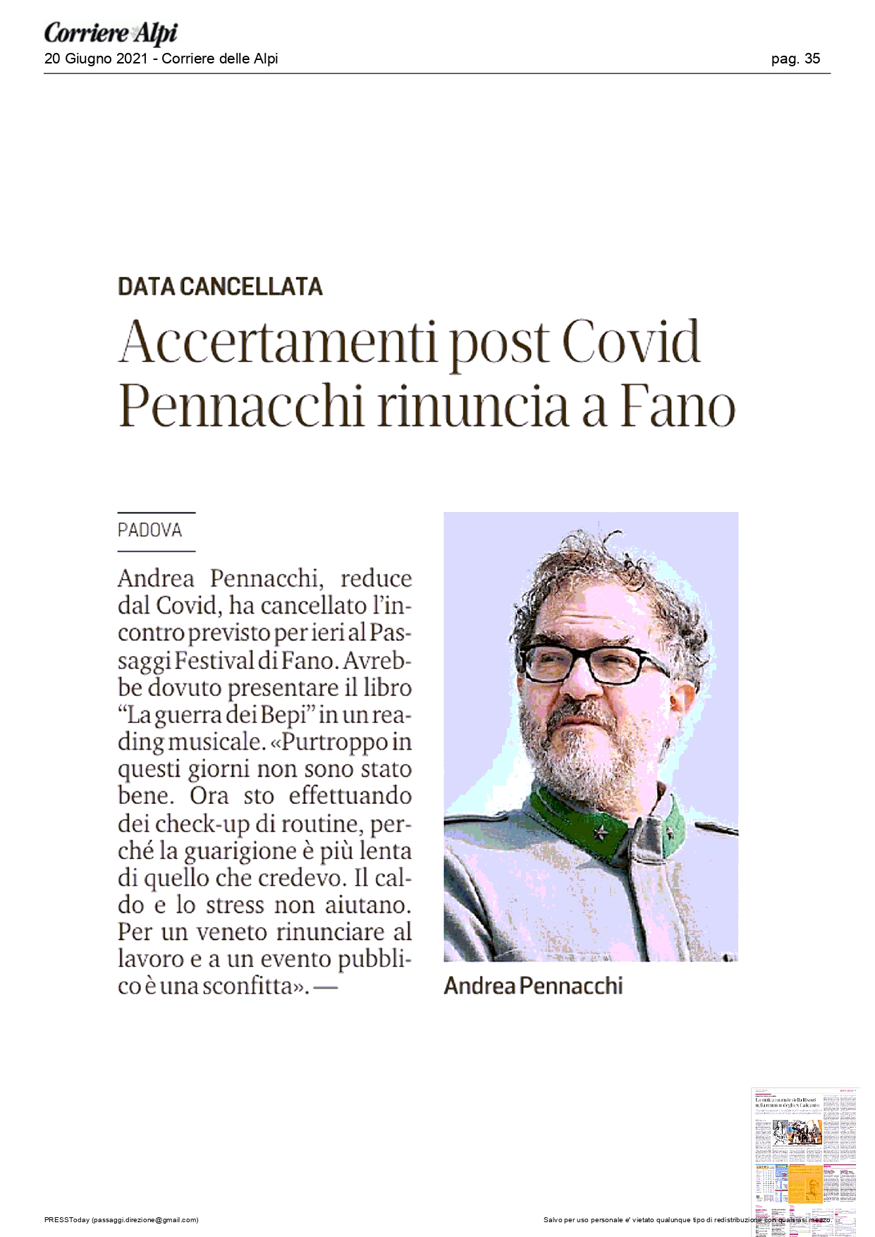 Corriere delle Alpi – Accertamenti post Covid- Pennacchi rinuncia a Fano