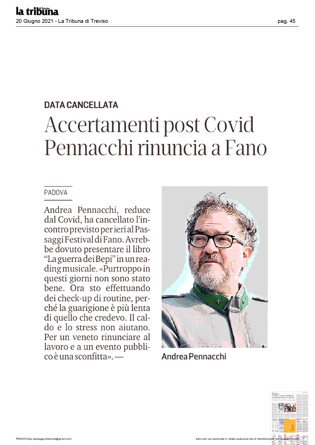 La Tribuna di Treviso – Accertamenti post Covid. Pennacchi rinuncia a Fano