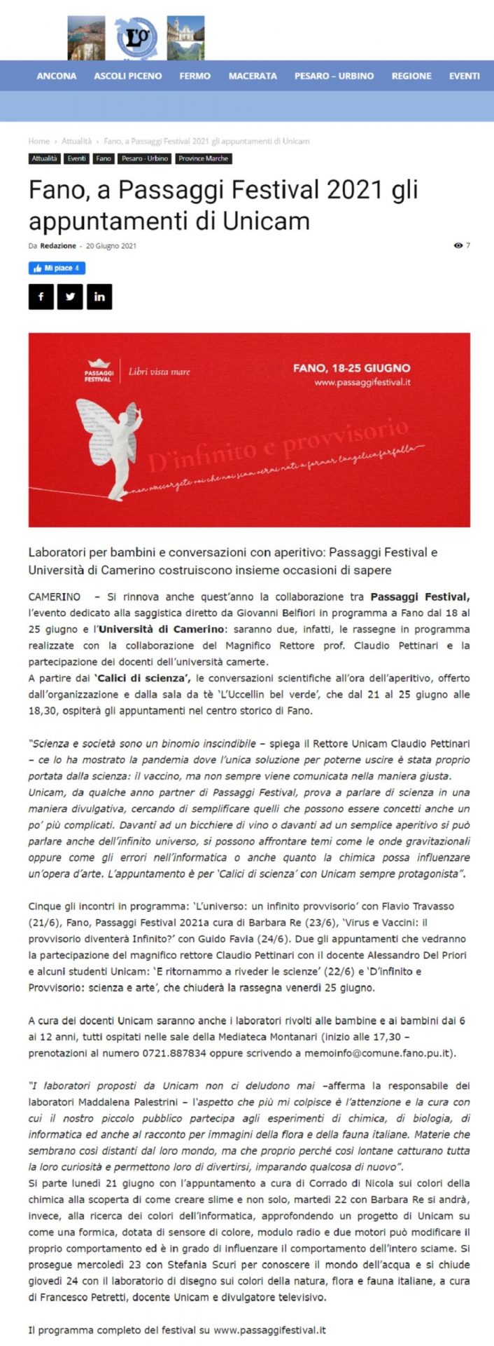 Marche News – Fano, a Passaggi Festival 2021 gli appuntamenti di Unicam