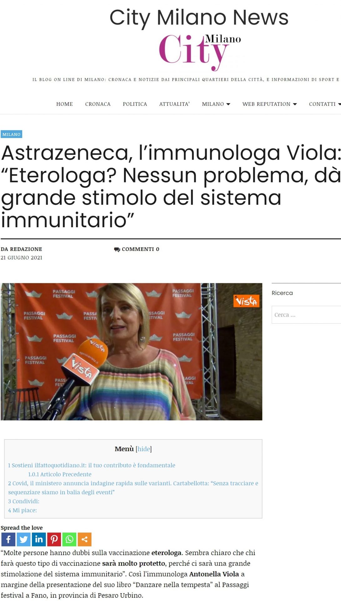 City Milano News – Astrazeneca, l’immunologa Viola: “Eterologa? Nessun problema, dà grande stimolo del sistema immunitario”