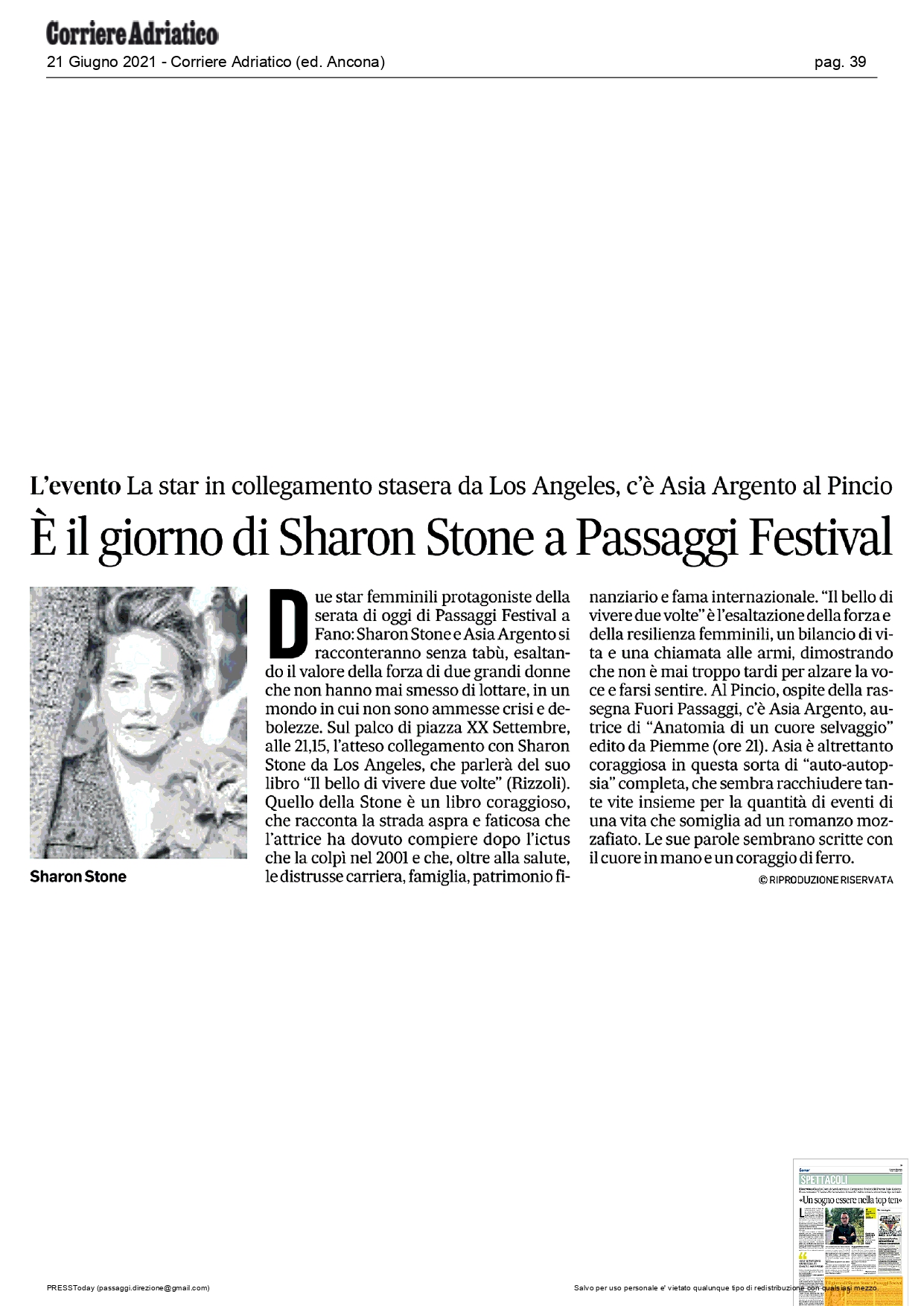 Corriere Adriatico – È il giorno di Sharon Stone a Passaggi Festival