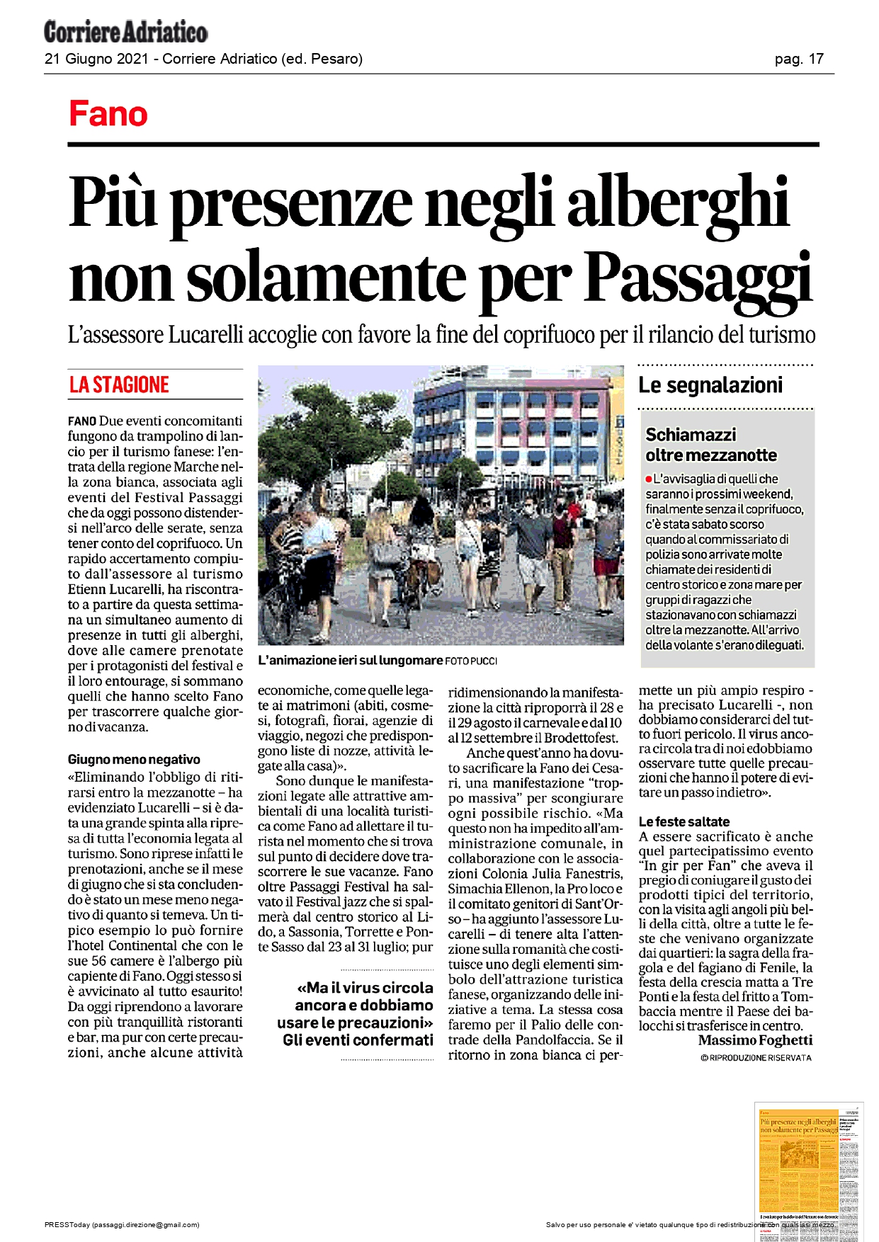 Corriere Adriatico – Più presenze negli alberghi non solamente per Passaggi