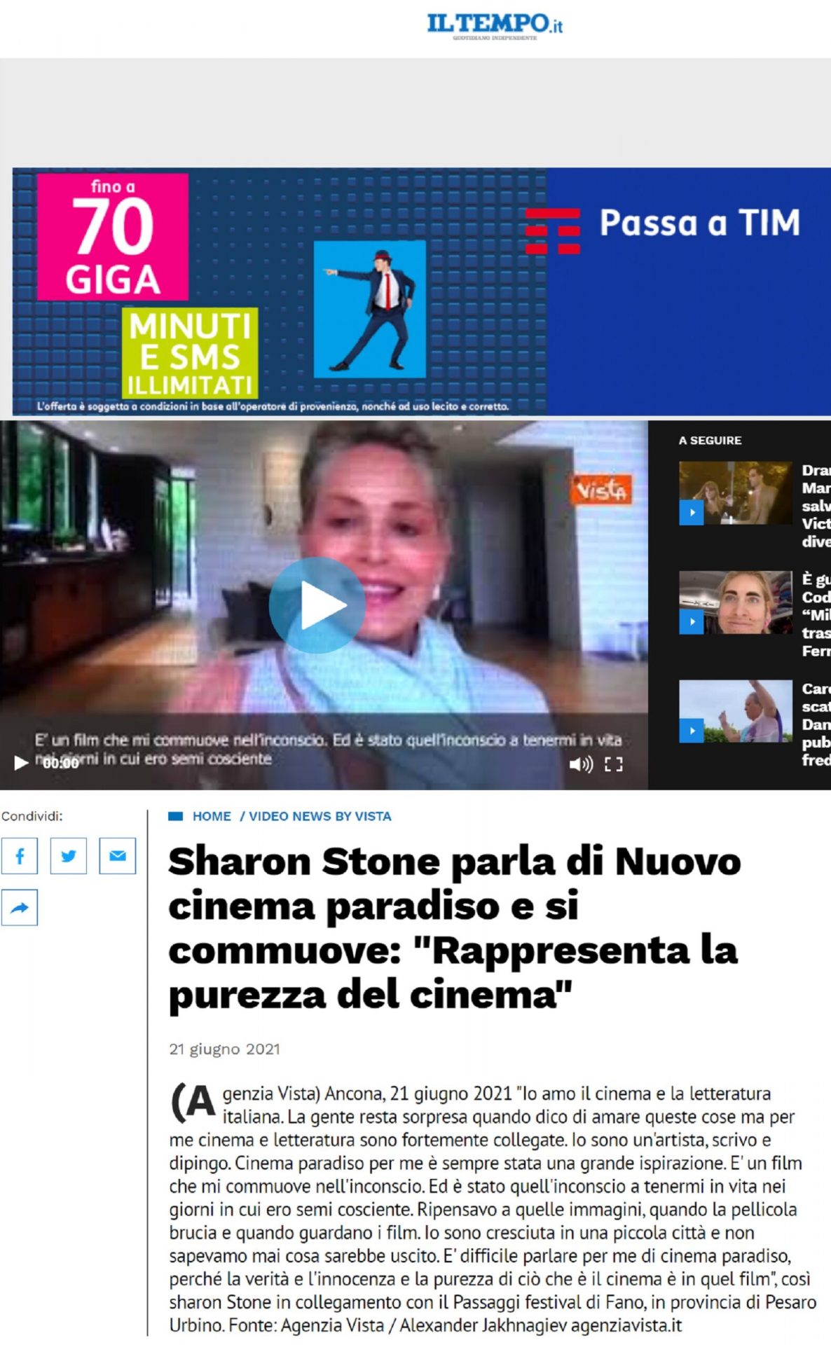 Il Tempo.it – Sharon Stone parla di Nuovo cinema paradiso e si commuove: “Rappresenta la purezza del cinema”