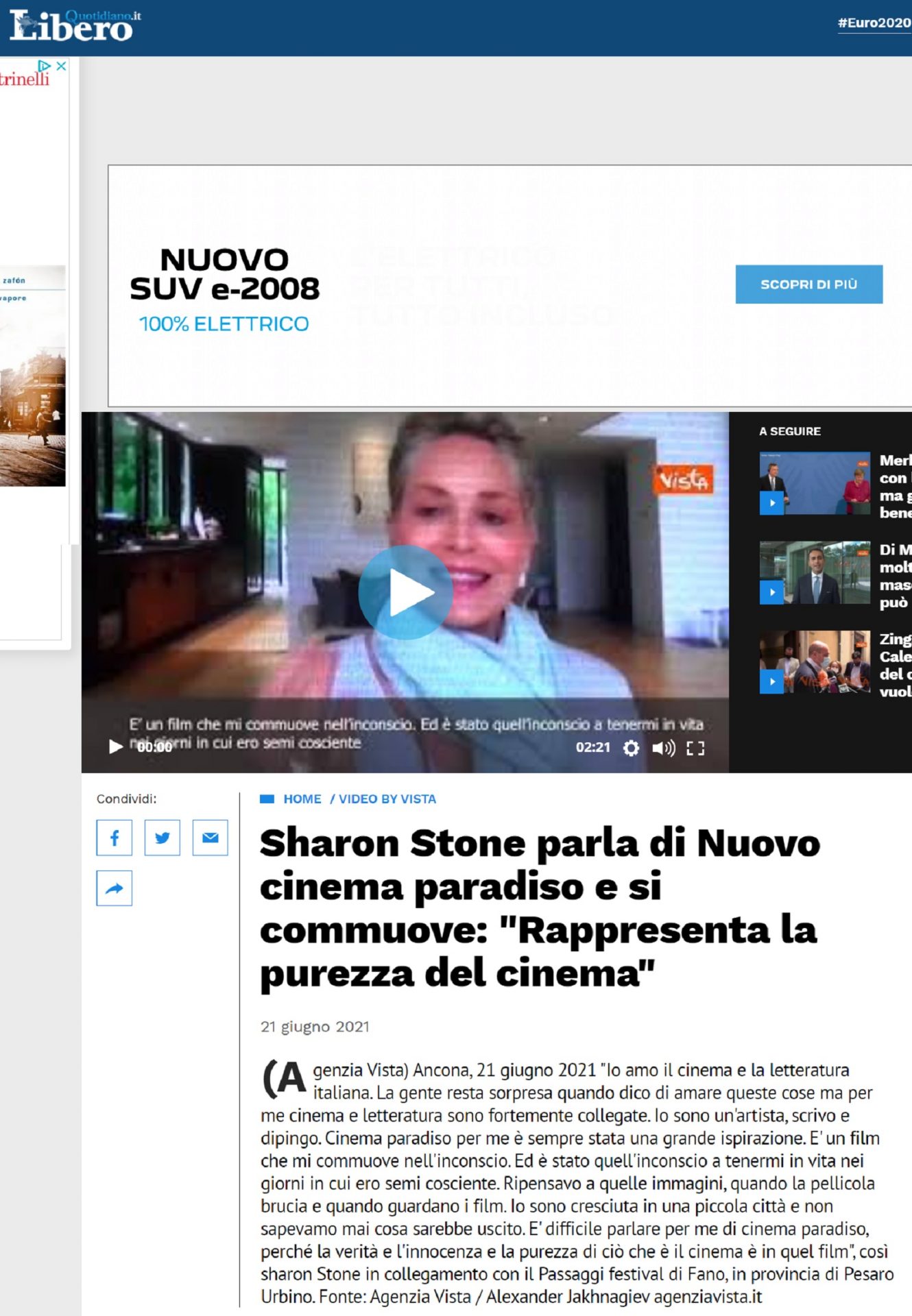 Quotidiano Libero.it – Sharon Stone parla di Nuovo cinema paradiso e si commuove: “Rappresenta la purezza del cinema”