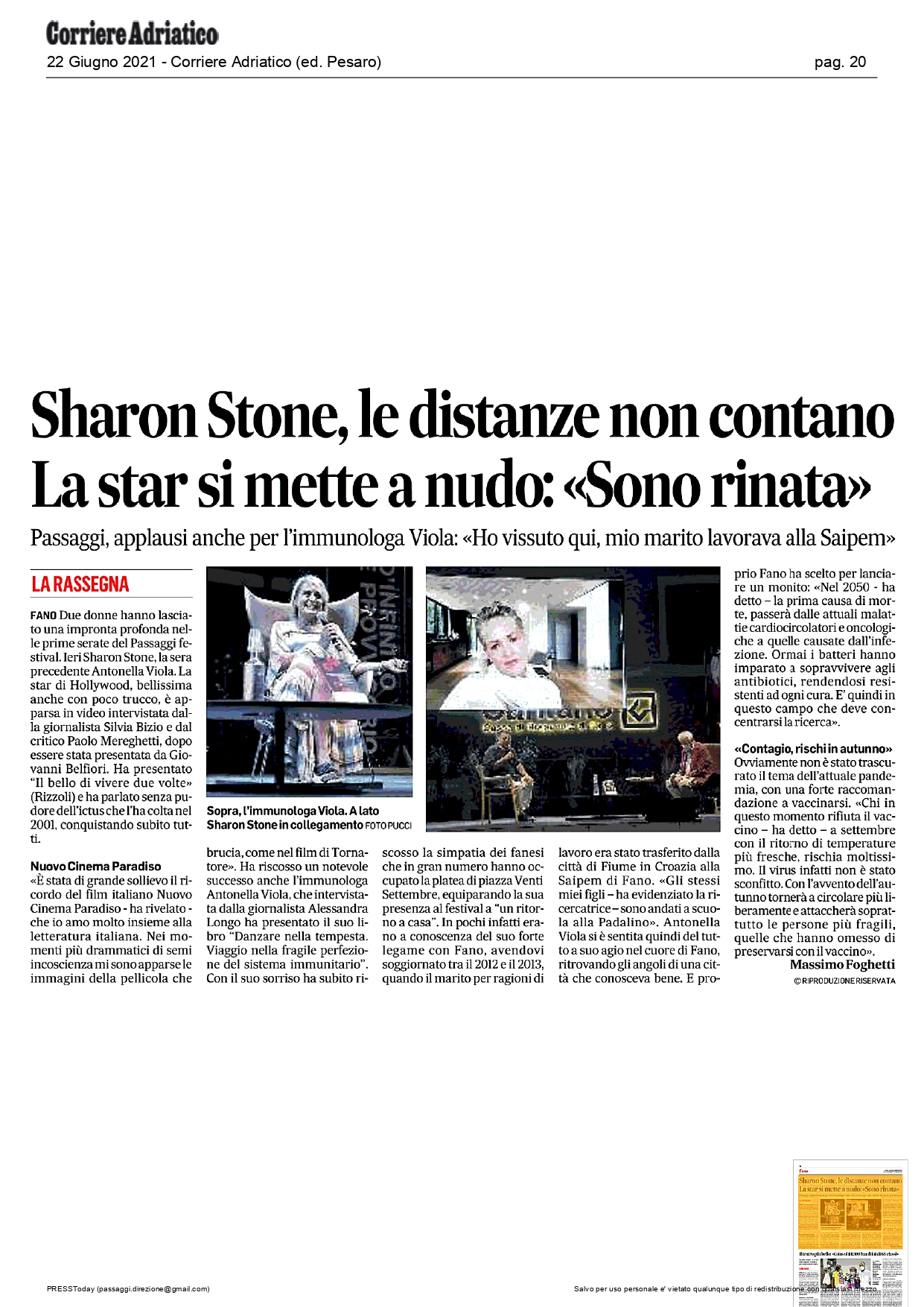 Corriere Adriatico – Sharon Stone, le distanze non contano. La star si mette a nudo: «Sono rinata»