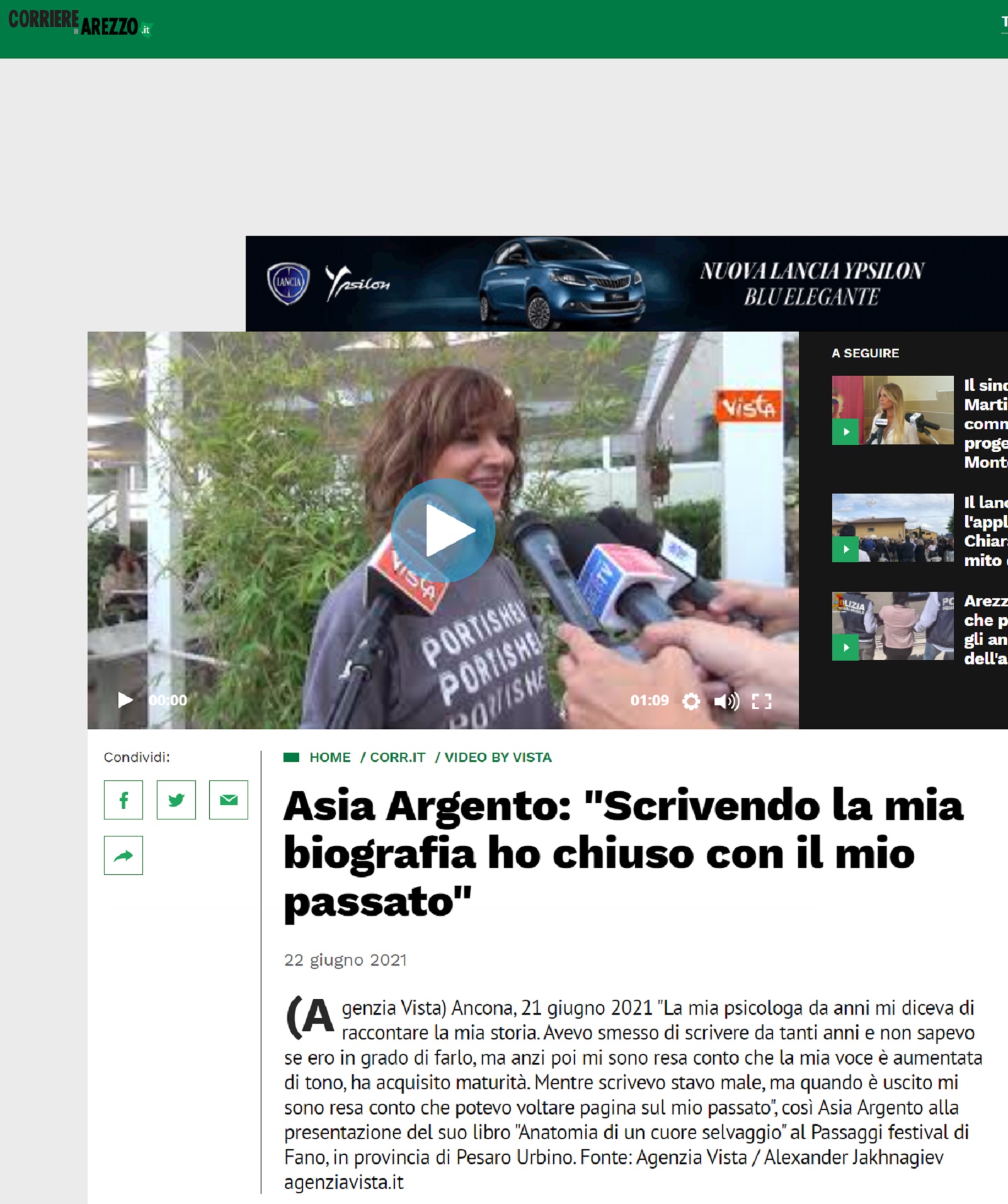 Corriere di Arezzo – Asia Argento: “Scrivendo la mia biografia ho chiuso con il mio passato”