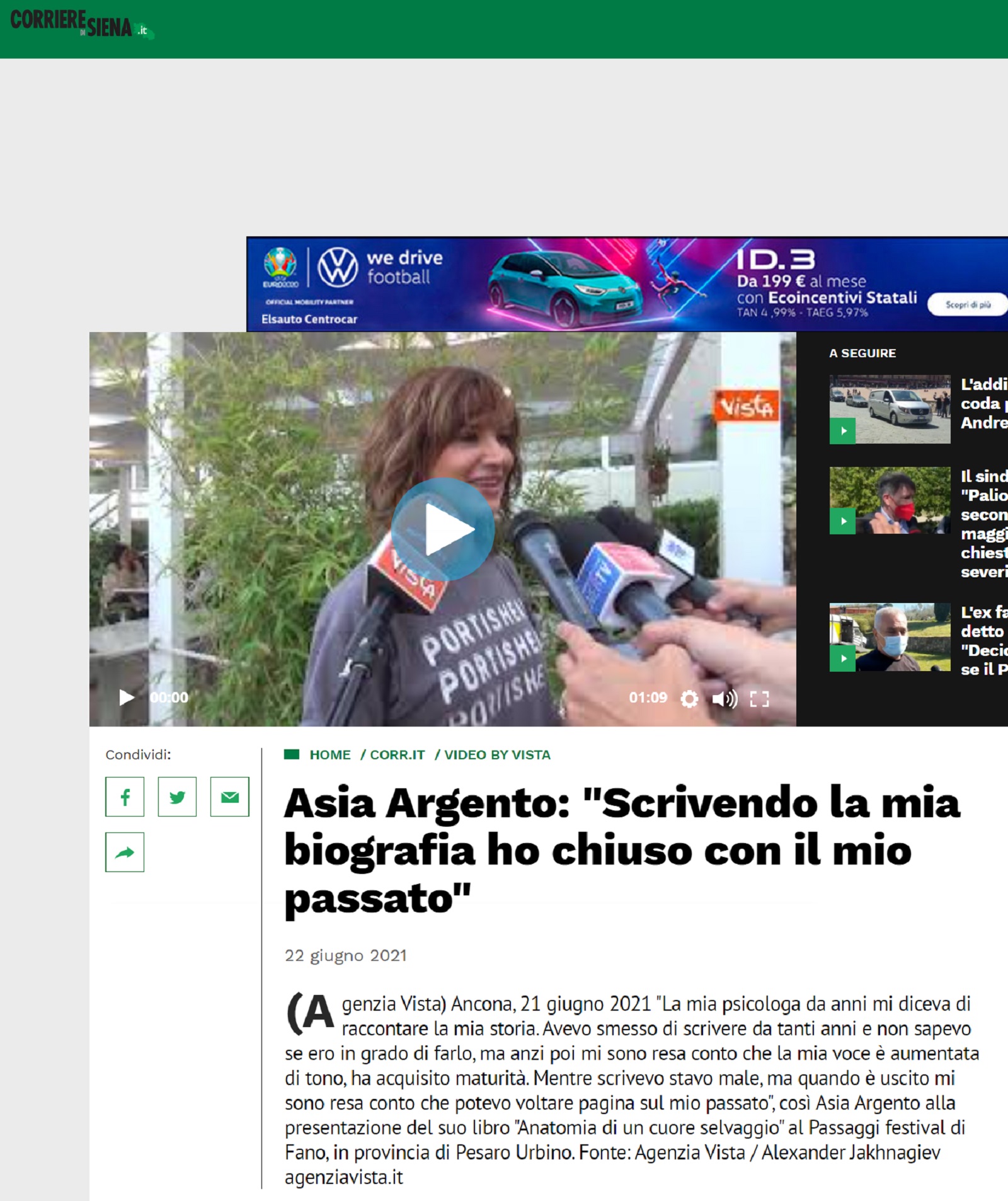 Corriere di Siena – Asia Argento: “Scrivendo la mia biografia ho chiuso con il mio passato”