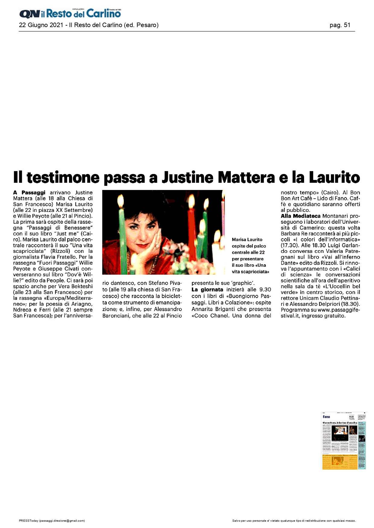 Il Resto del Carlino – Il testimone passa a Justine Mattera e la Laurito