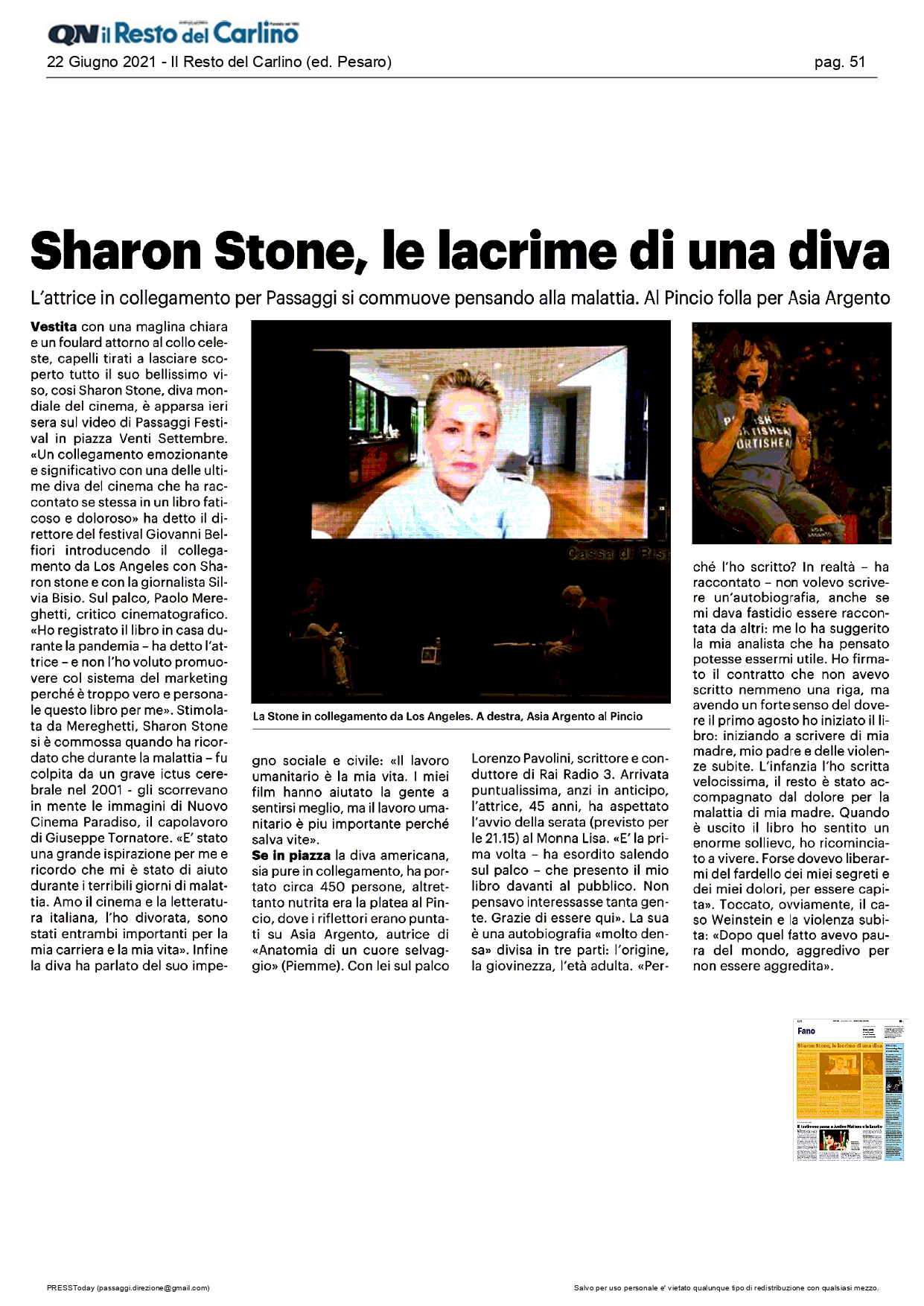 Il Resto del Carlino – Sharon Stone, le lacrime di una diva