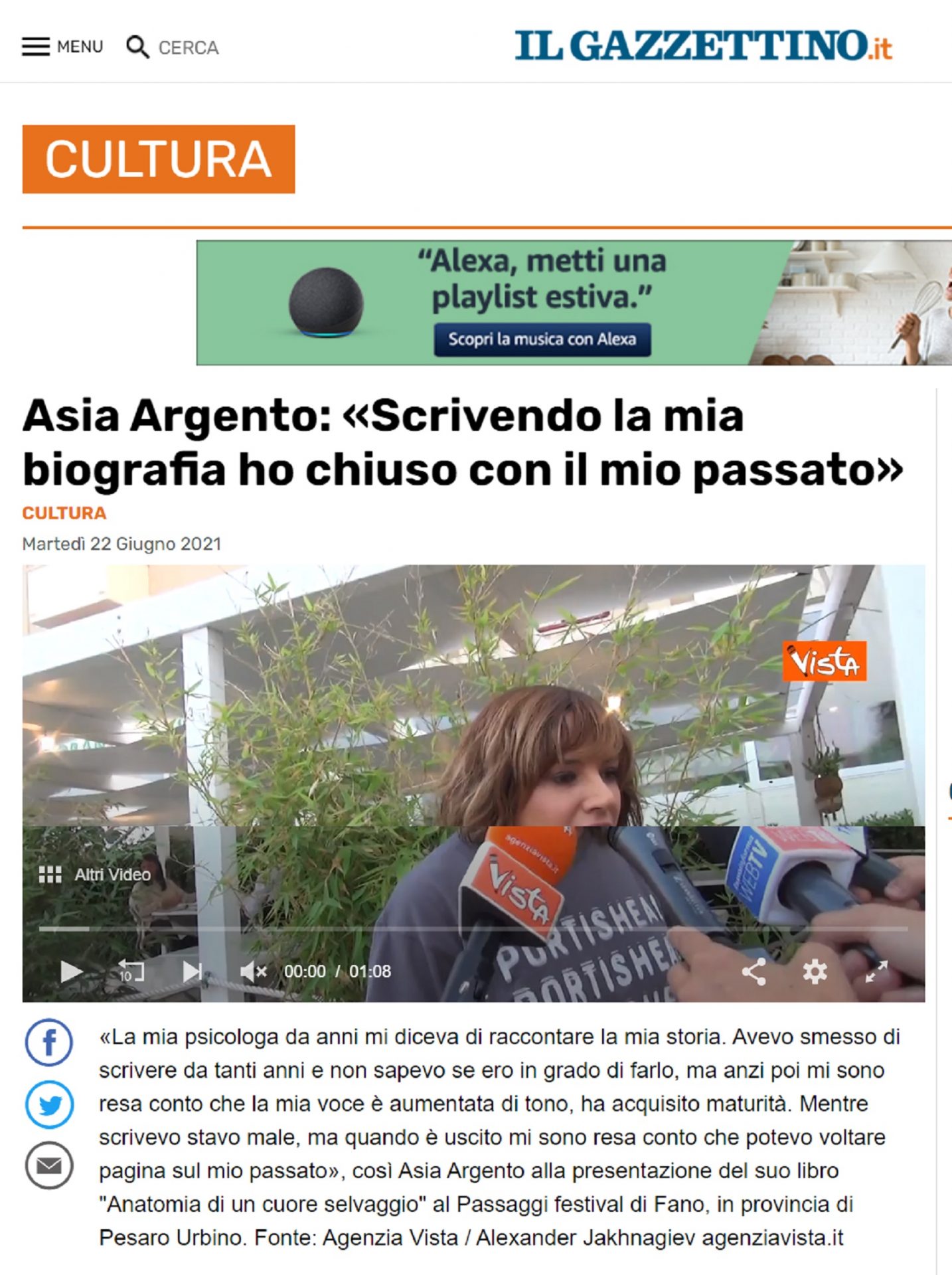 Il Gazzettino.it – Asia Argento: «Scrivendo la mia biografia ho chiuso con il mio passato»