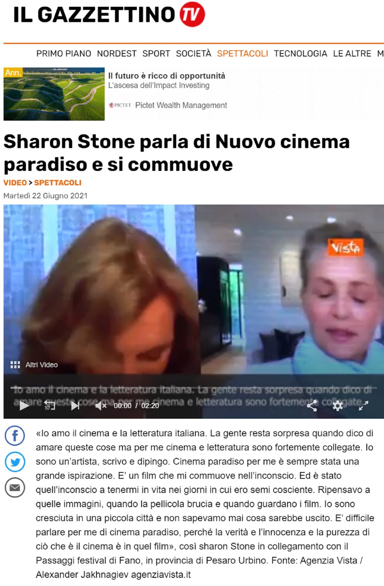 Il Gazzettino.it – Sharon Stone parla di Nuovo cinema paradiso e si commuove