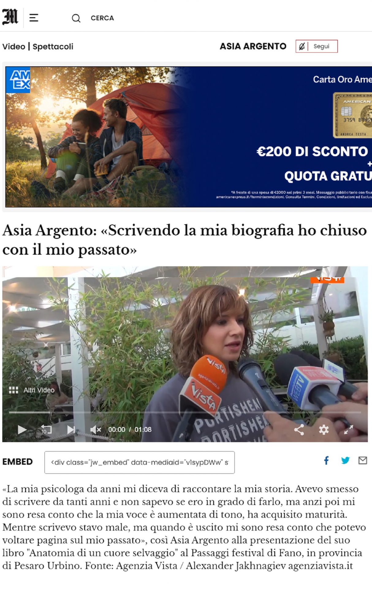 Il Messaggero.it – Asia Argento: «Scrivendo la mia biografia ho chiuso con il mio passato»