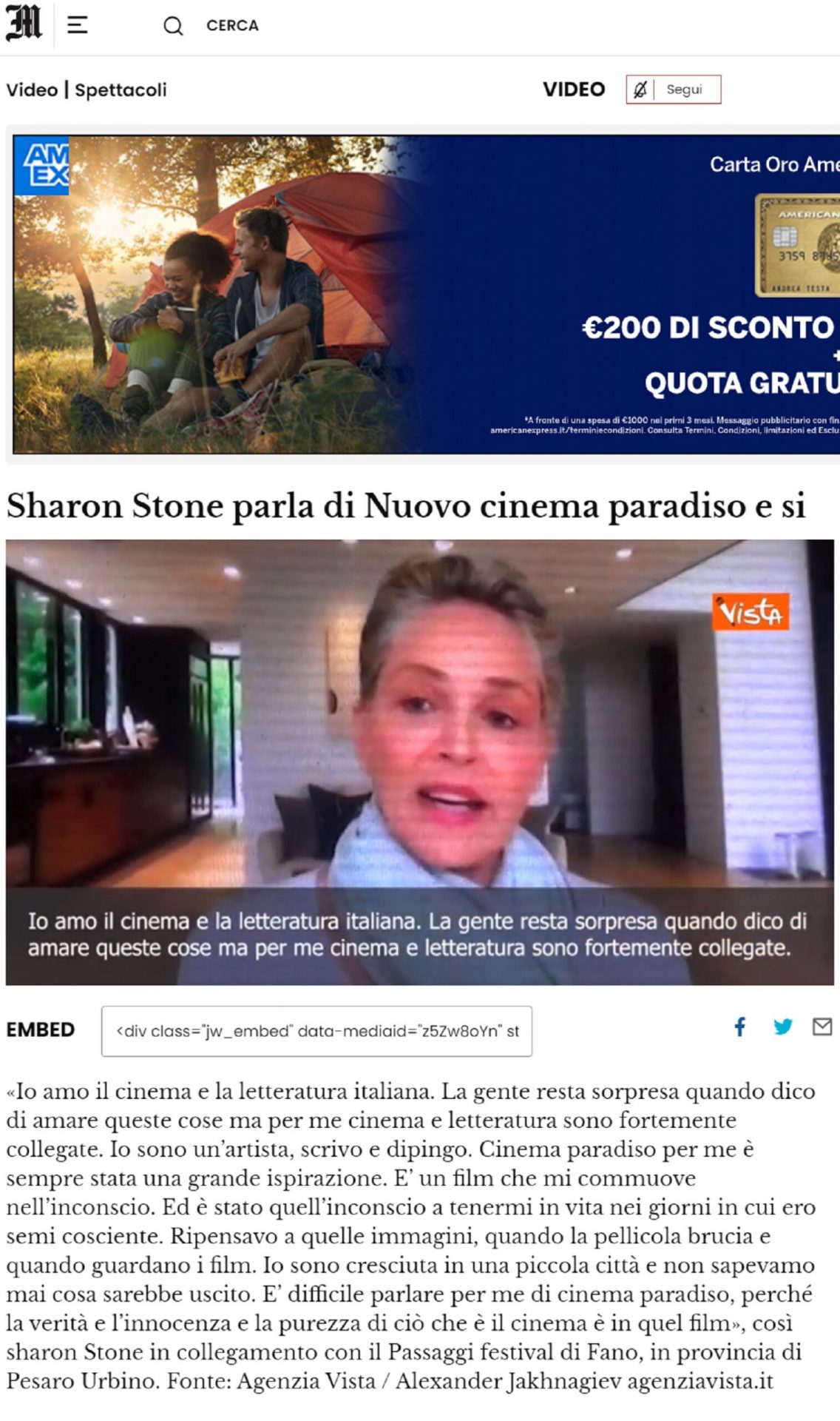 Il Messaggero.it – Sharon Stone parla di Nuovo cinema paradiso e si commuove