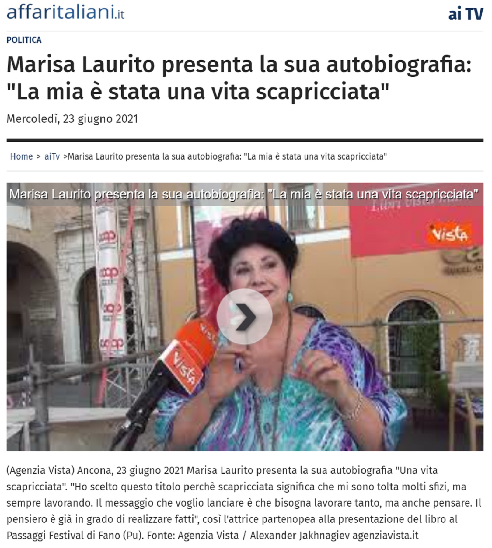 Affari Italiani.it – Marisa Laurito presenta la sua autobiografia: “La mia è stata una vita scapricciata”