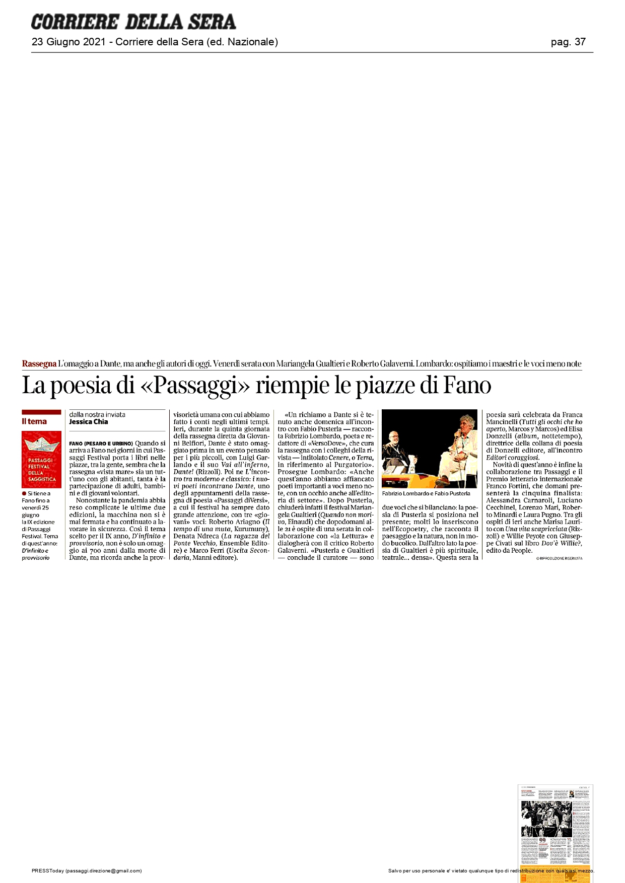 Il Corriere della Sera – La poesia di «Passaggi» riempie le piazze di Fano