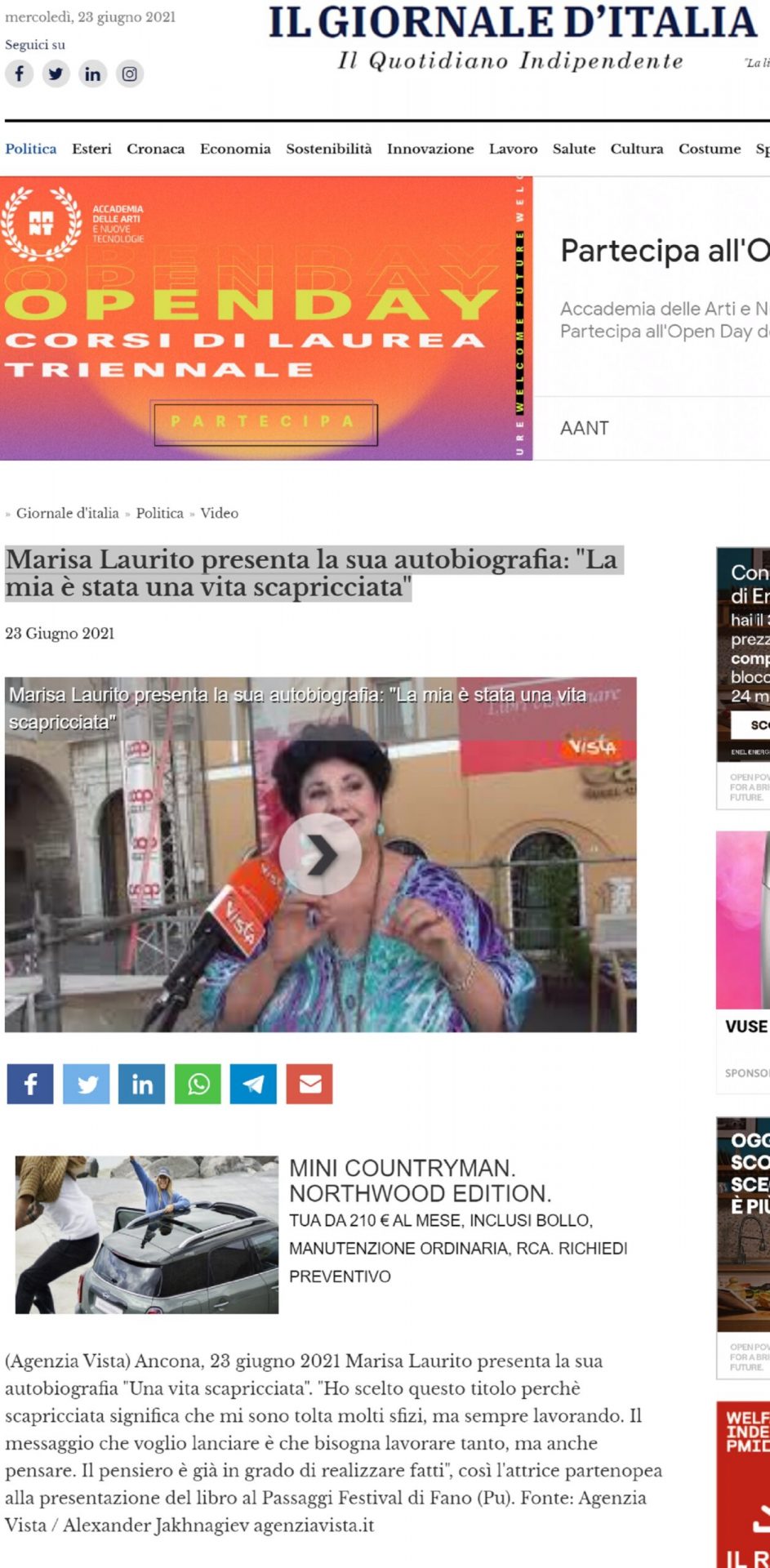 Il Giornale d’Italia – Marisa Laurito presenta la sua autobiografia: “La mia è stata una vita scapricciata”