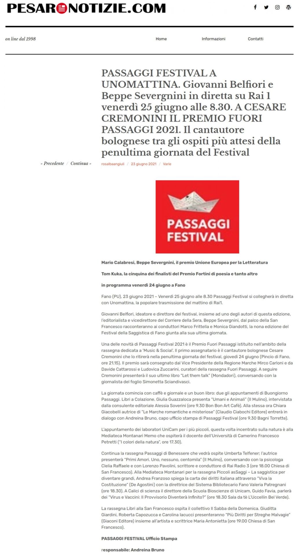 Pesaro Notizie.com – Passaggi Festival a Uno Mattina