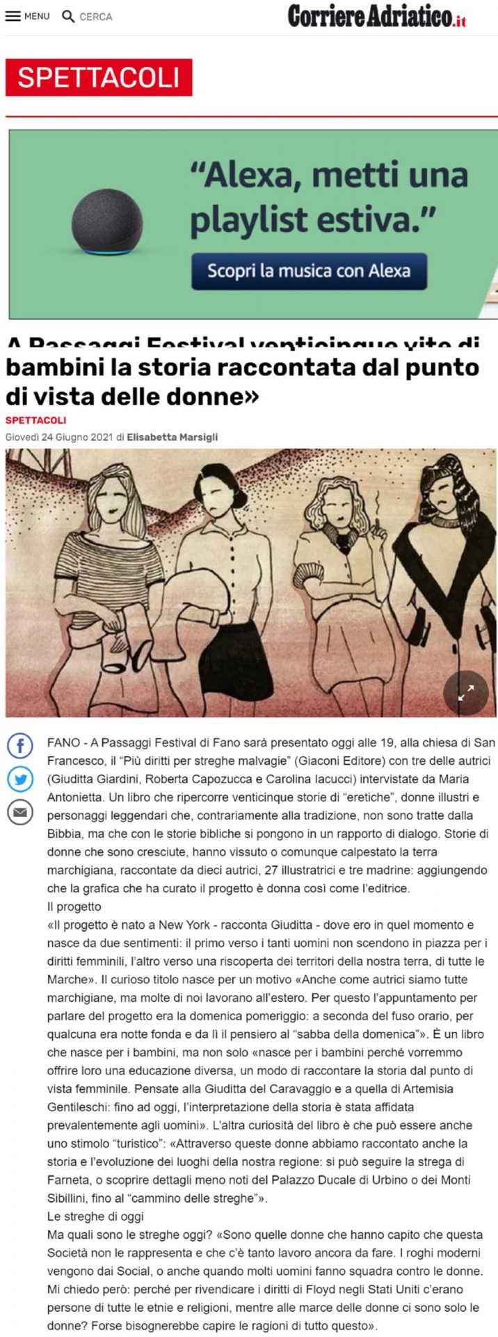 Corriere Adriatico – A Passaggi Festival venticinque vite di “eretiche”: «E’ un libro per far capire ai bambini la storia raccontata dal punto di vista delle donne»