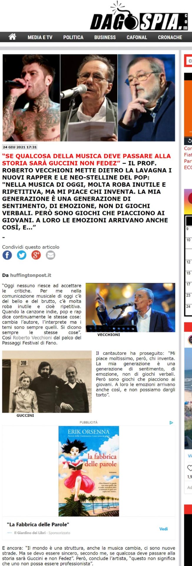 Dagospia – «Se qualcosa della musica deve passare alla storia sarà Guccini non Fedez»