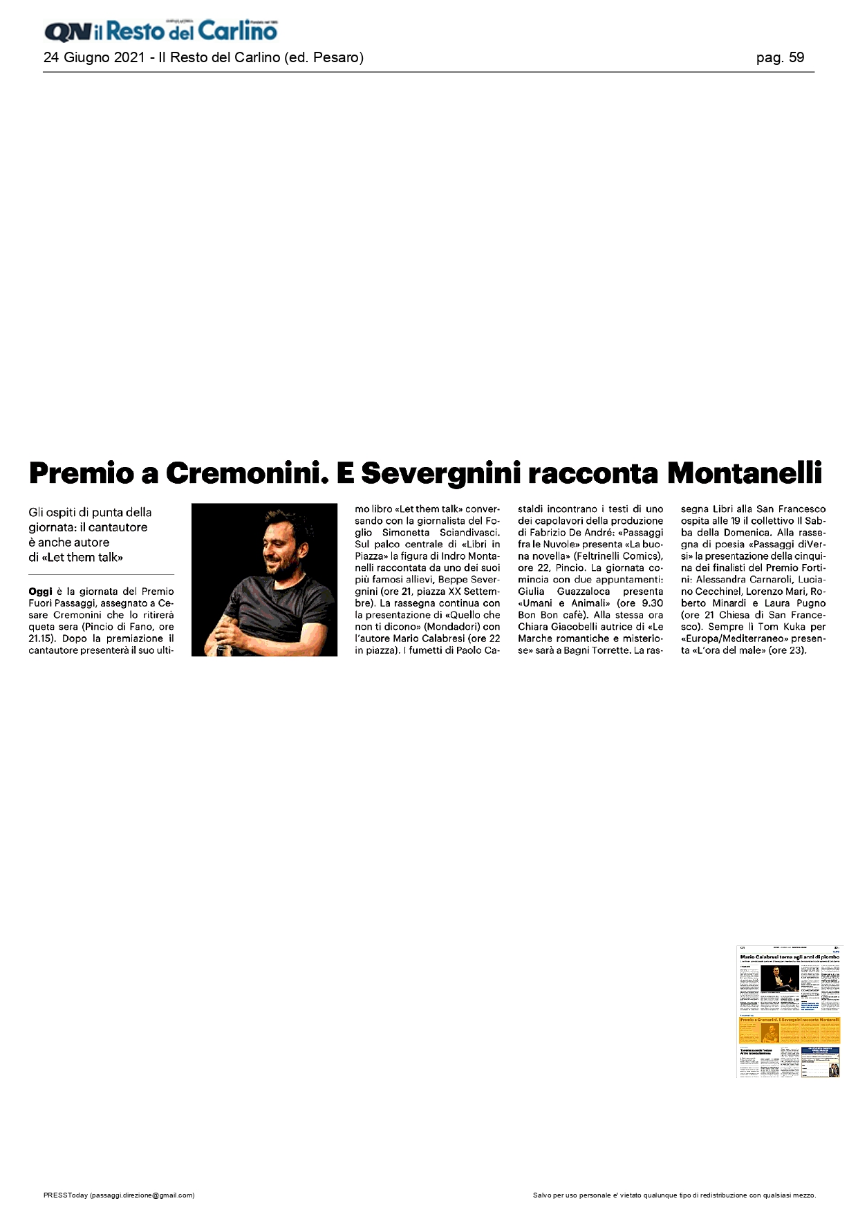 Il Resto del Carlino – Premio a Cremonini. E Severgnini racconta Montanelli