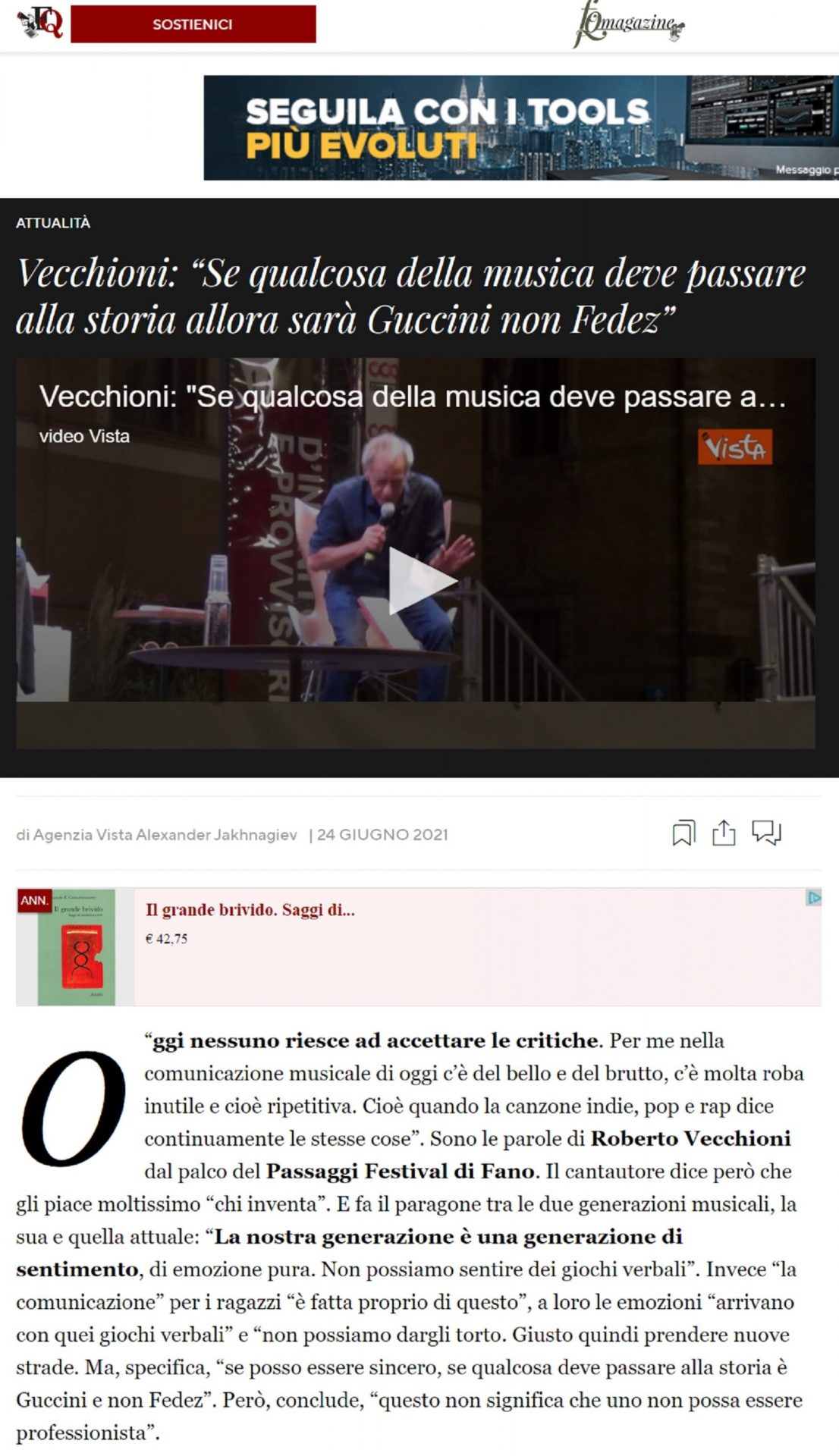 Il Fatto Quotidiano – Vecchioni: “Se qualcosa della musica deve passare alla storia allora sarà Guccini non Fedez”