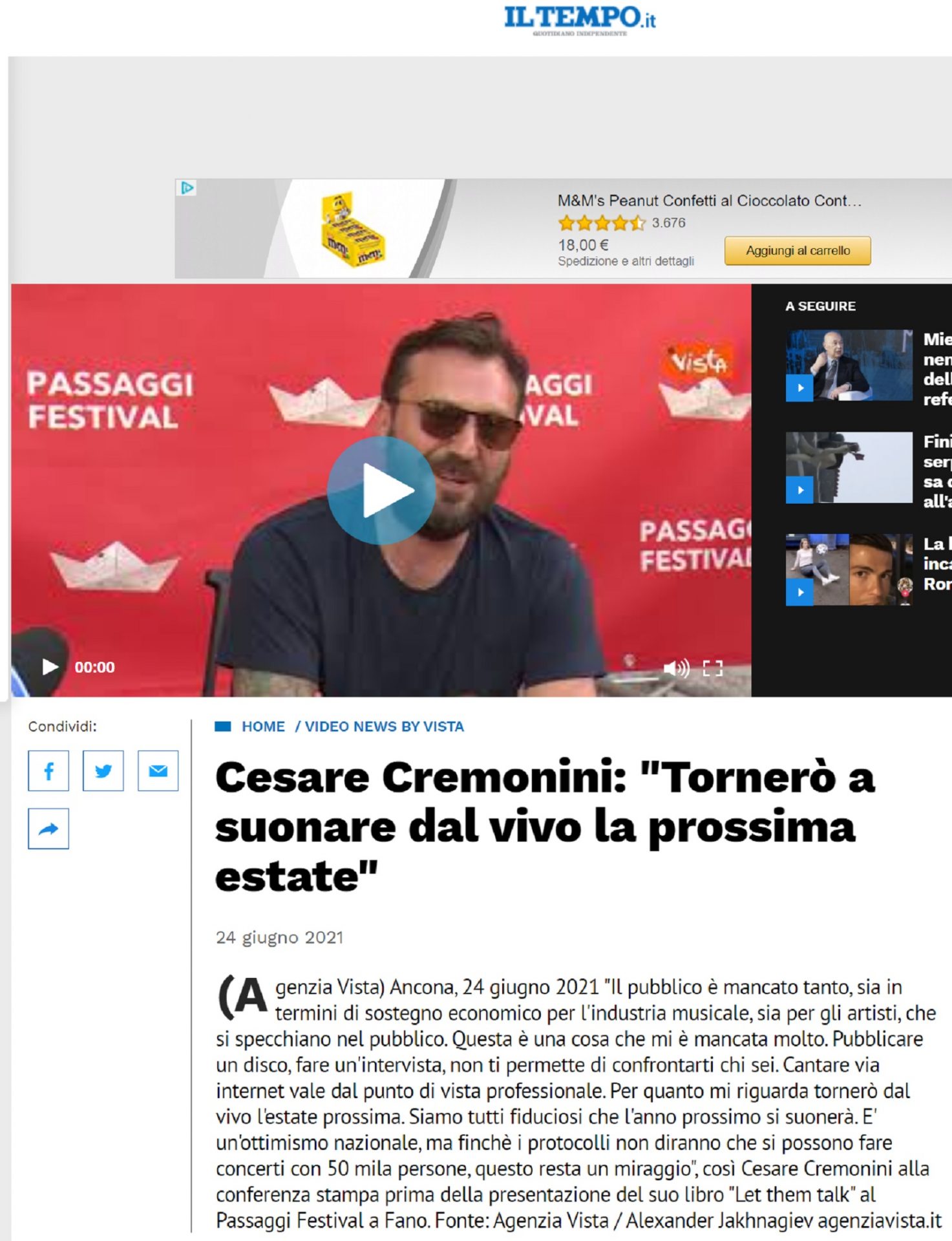 Il Tempo.it – Cesare Cremonini: “Tornerò a suonare dal vivo la prossima estate”