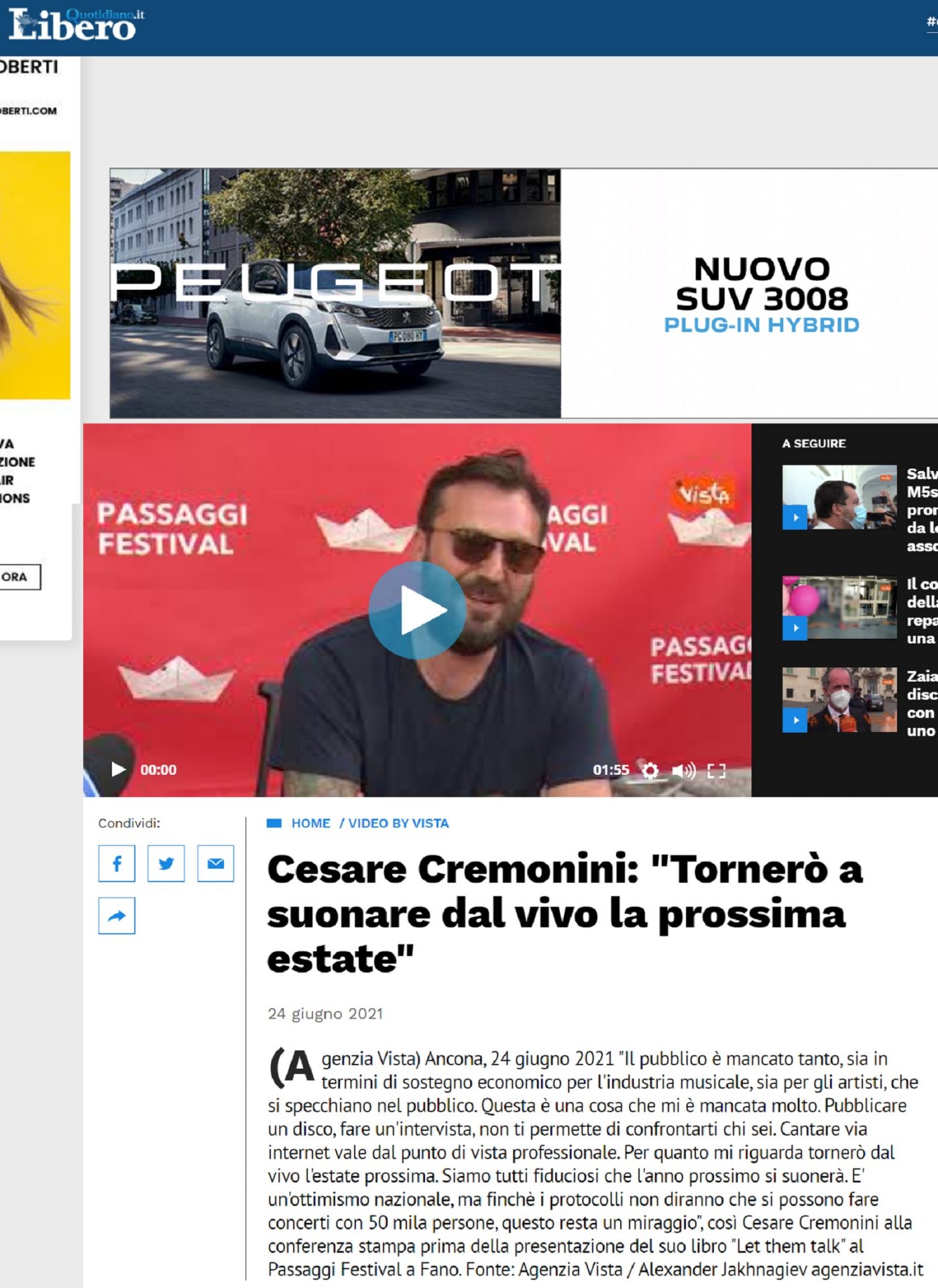 Libero Quotidiano.it – Cesare Cremonini: “Tornerò a suonare dal vivo la prossima estate”