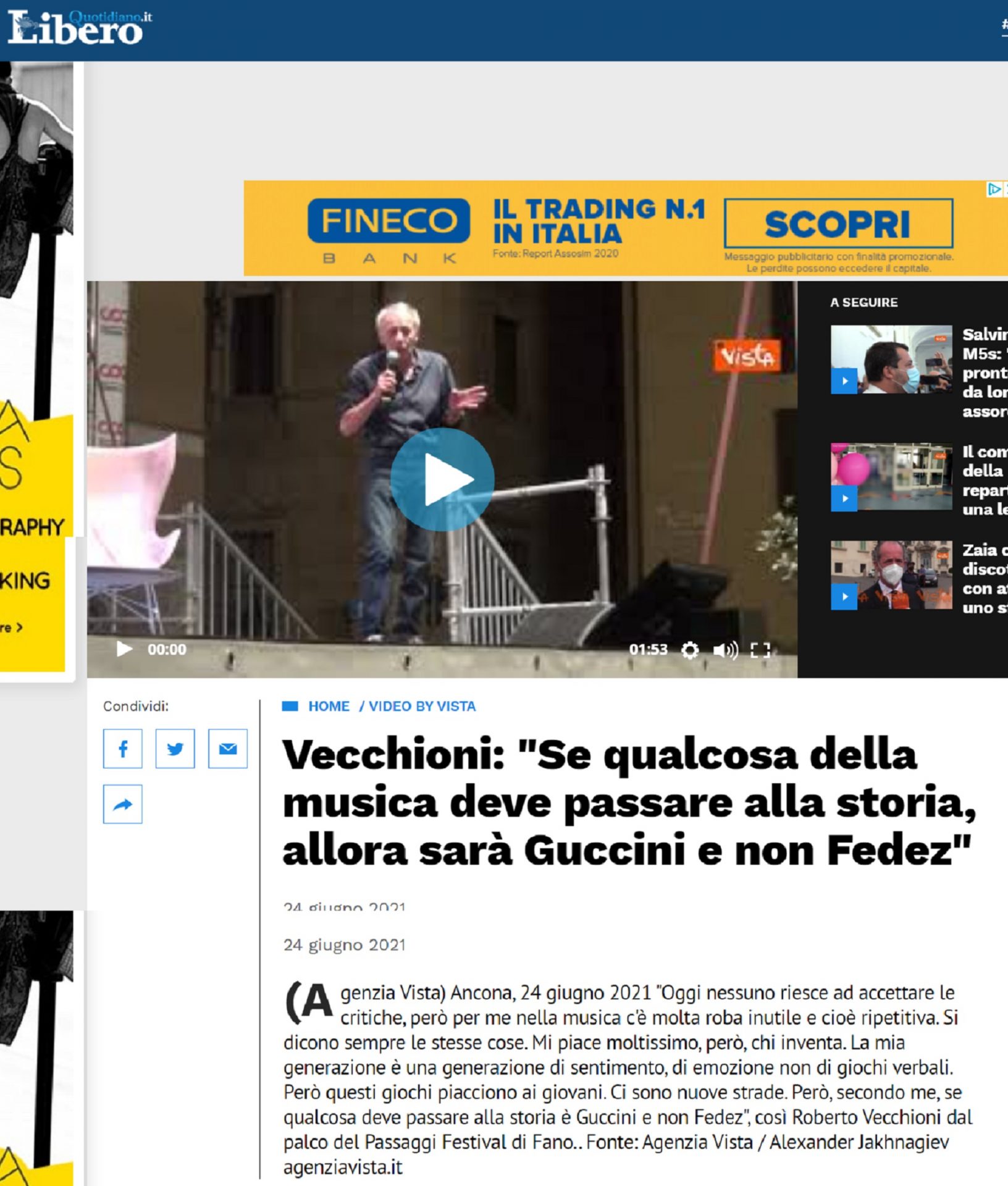 Libero Quotidiano.it – Vecchioni: “Se qualcosa della musica deve passare alla storia, allora sarà Guccini e non Fedez”