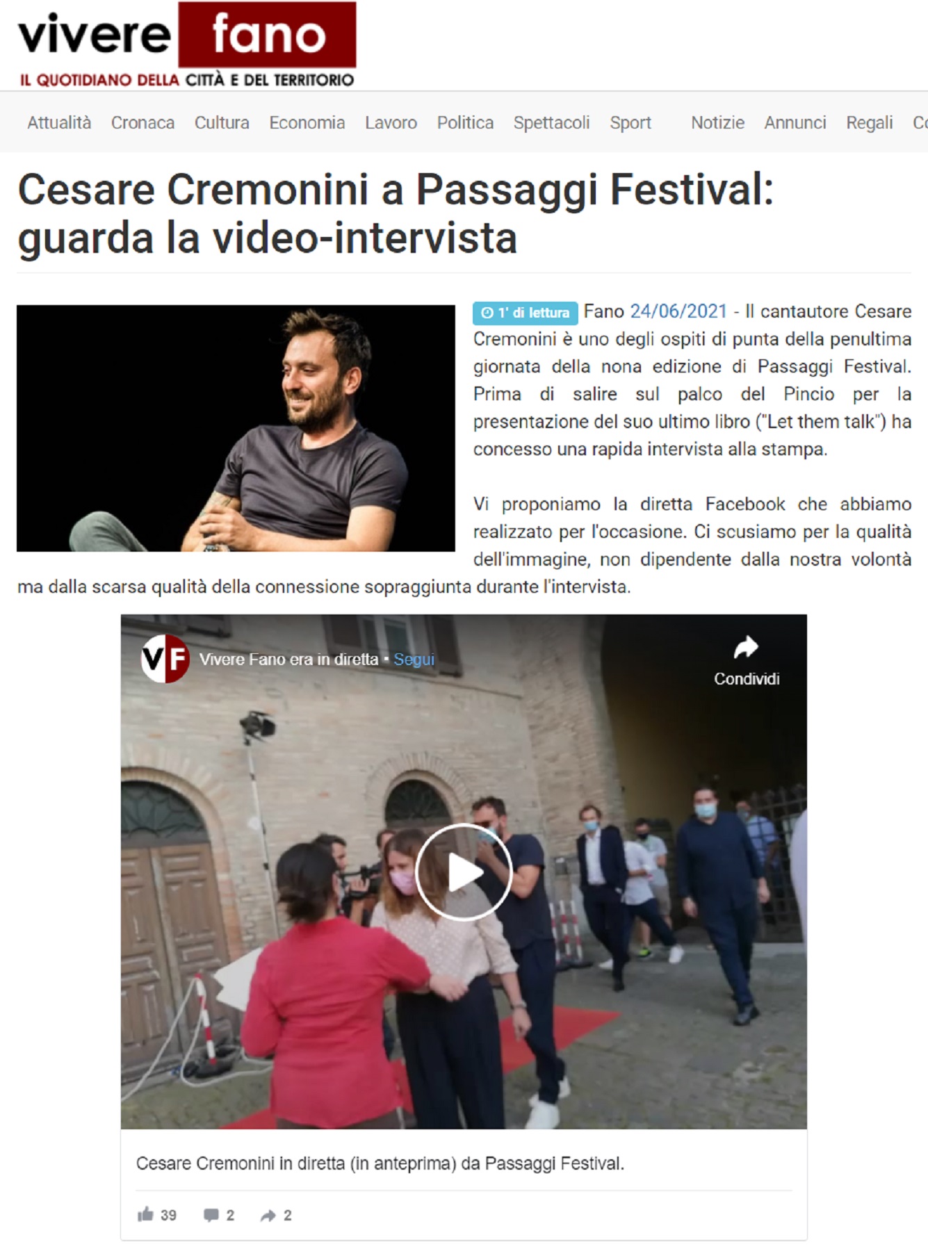 Vivere Fano – Cesare Cremonini a Passaggi Festival