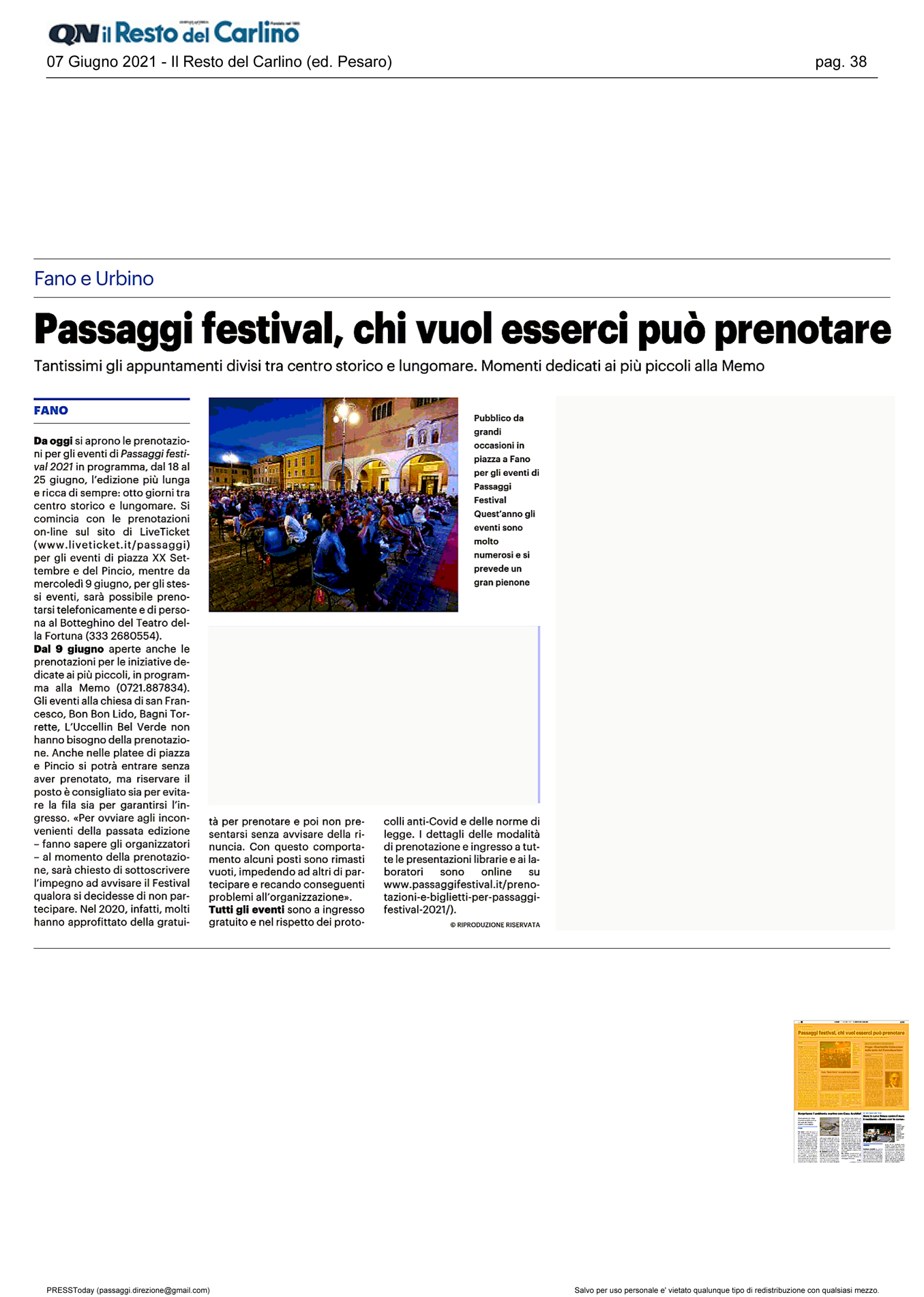 Il Resto del Carlino: Passaggi festival, chi vuol esserci può prenotare